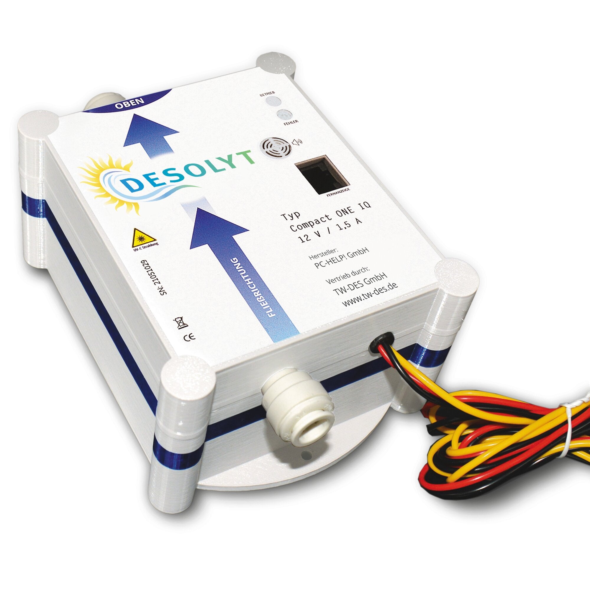 Weiße rechteckige Elektronik-Einheit mit Desolyt-Logo und blauem Pfeil, Compact ONE IQ Sense sichtbar, gelb-schwarze und rote Kabel, OBEN BETRIEB FEHLER