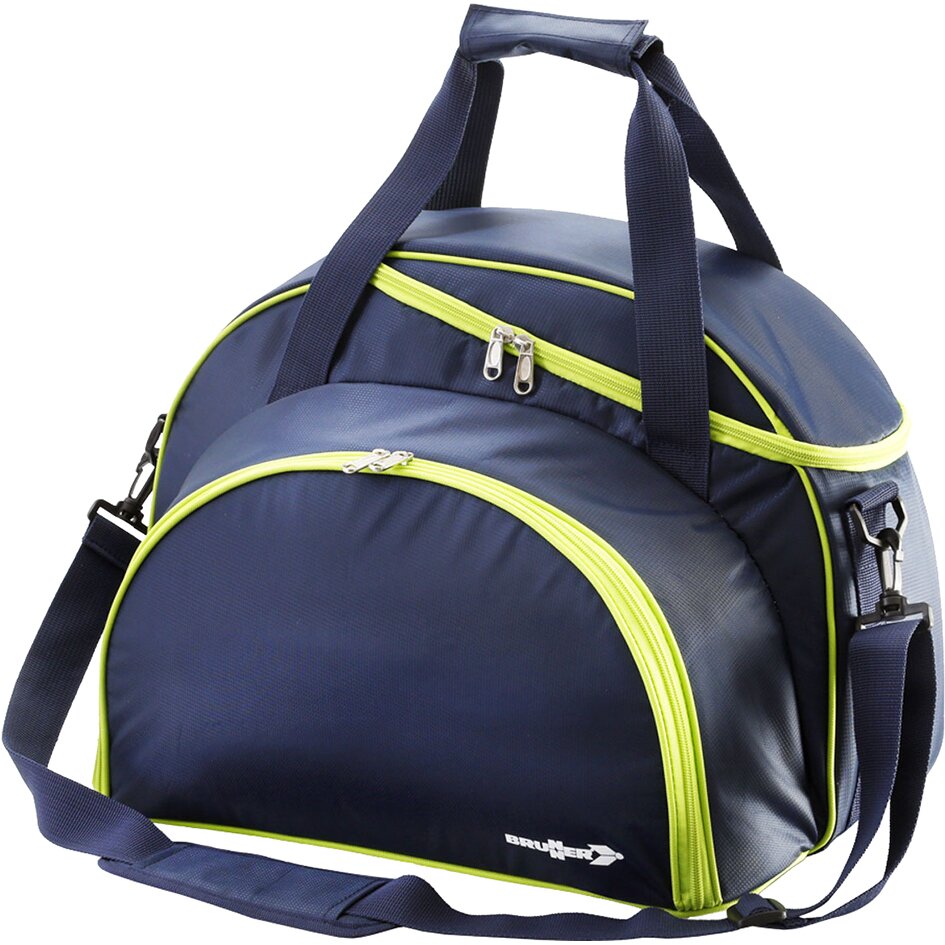Dunkelblaue Kühltasche mit neongrünen Reißverschlüssen, zwei kurzen Griffen oben, abnehm- und verstellbarem Schultergurt sowie mehreren Reißverschlussfächern