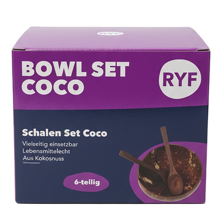 Verpackung des Kokos-Schalen-Set Coco, 6-teilig, in Lila und Dunkelblau, mit RYF-Logo, Abbildung einer Schale mit zwei Holzlöffeln