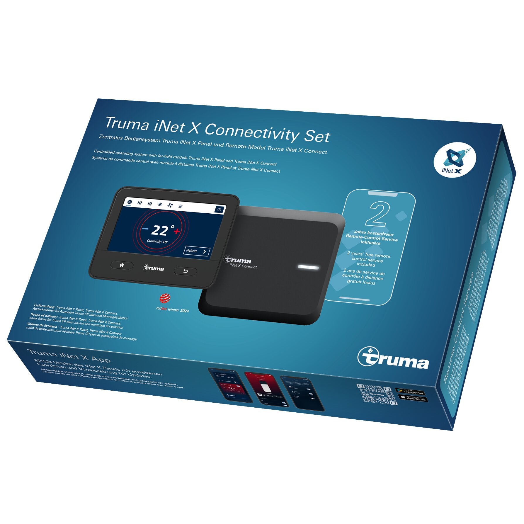 Blaues Verpackungsdesign des Truma iNet X Connectivity Sets, Vorderseite zeigt ein Touchscreen-Panel mit Display und ein schwarzes Modul, iNet X Logo sichtbar