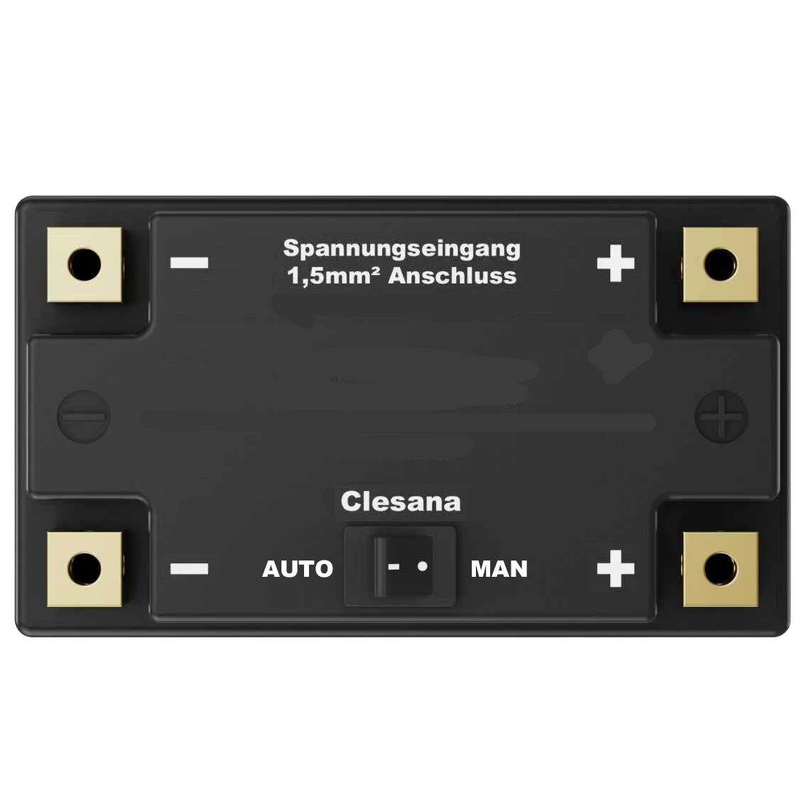 Schwarze Lithiumbatterie mit vier goldenen Anschlussklemmen an den Ecken, Spannungseingang 1,5mm² Anschluss, Clesana-Logo, AUTO MAN Umschalter