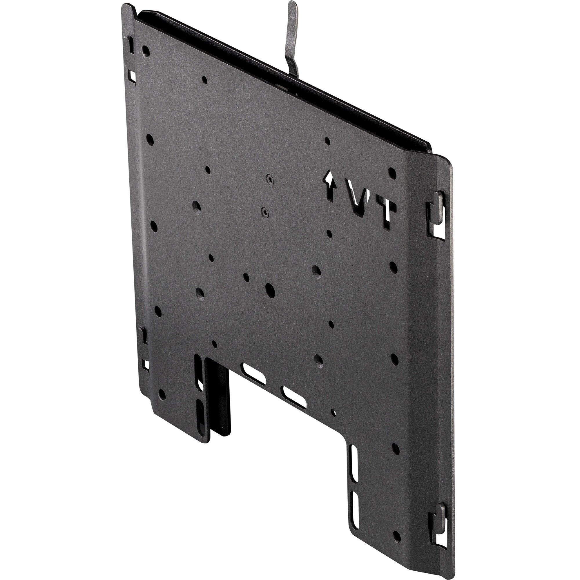 Schwarzer Metall-Wandhalter Slim Mount BASE1 mit perforierter Trägerplatte, vielen runden Befestigungslöchern, seitlichen Halteklammern und unten sichtbarer Schlitzöffnung