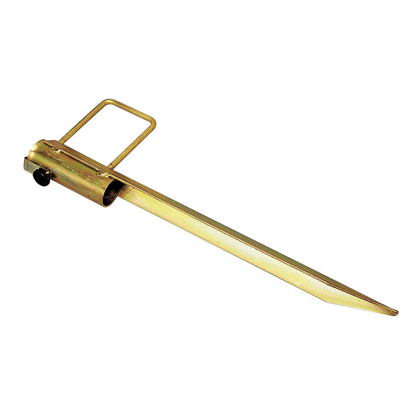 Goldfarbener Sonnenschirmhalter Maxi aus Metall mit langem Stab und spitzer Spitze, seitlich schwarzer Feststellknopf und U-förmigem Griffbügel