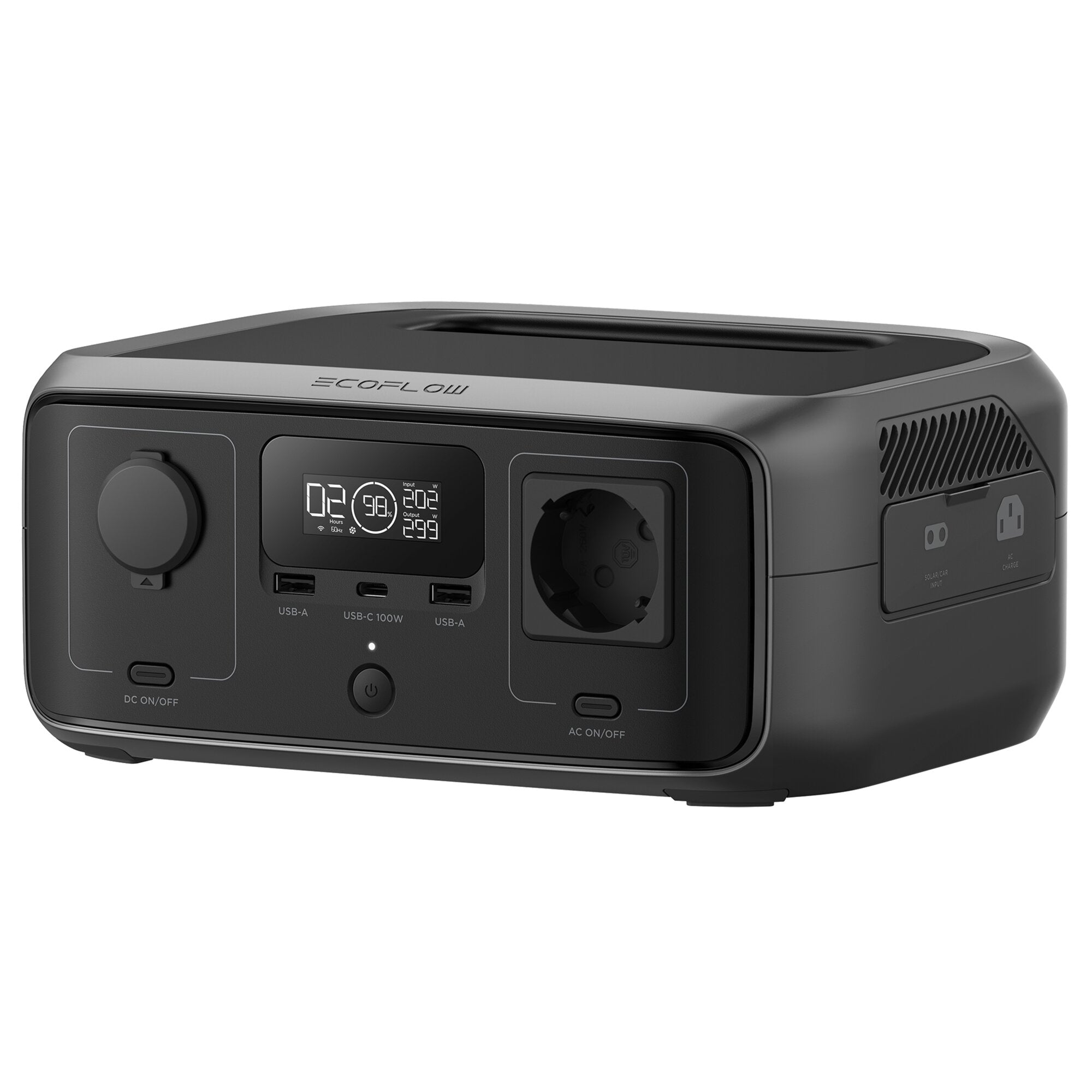 Schwarze River 3 UPS Powerstation mit digitaler Anzeige, USB-A und USB-C Ports, Knopf, AC-Steckdosen und Belüftungsgittern, EcoFlow Logo