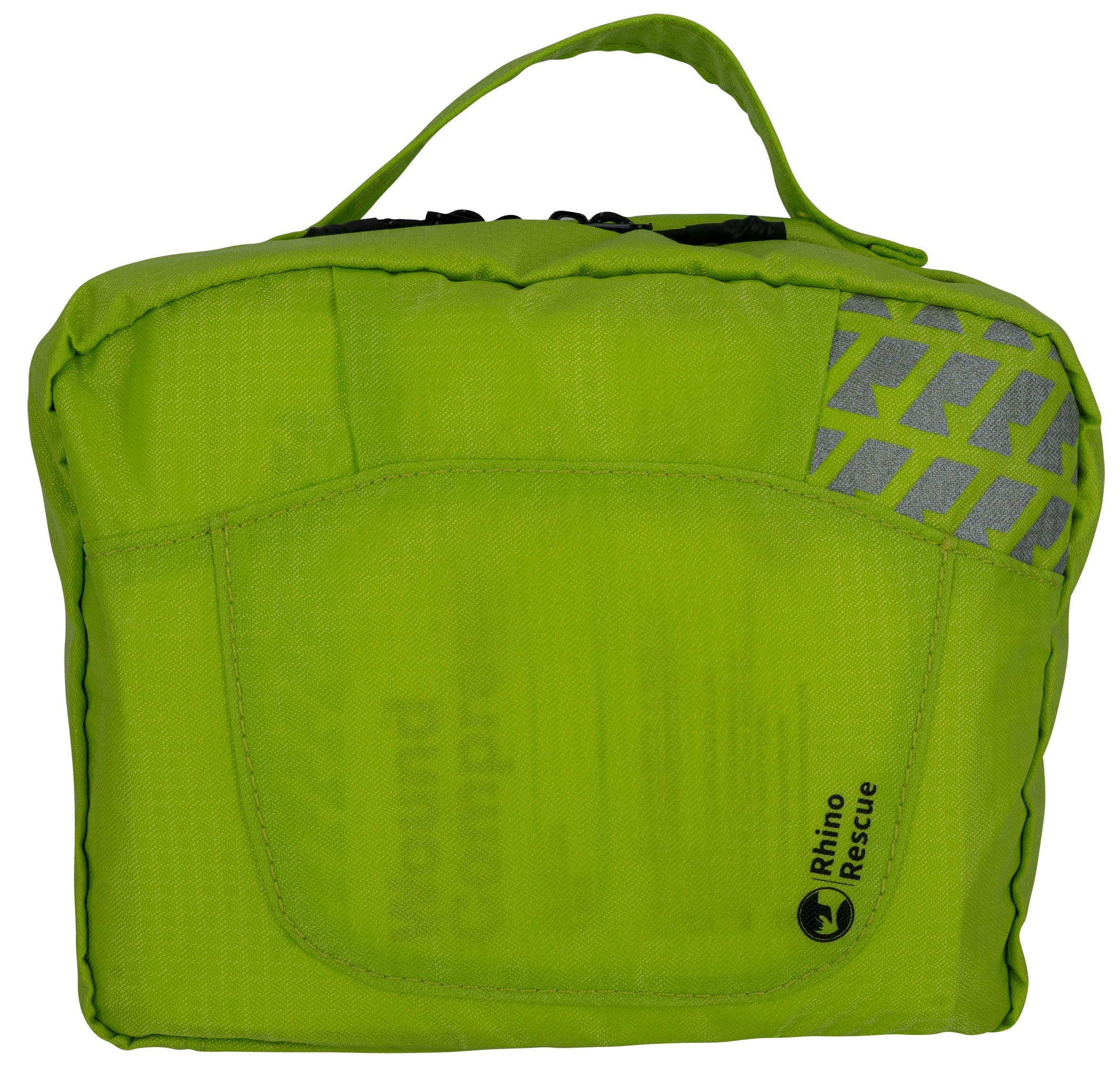 Grünes Rhino Rescue Outdoor Erste-Hilfe-Set aus robustem Material mit schwarzem Reißverschluss und Tragegriff,.