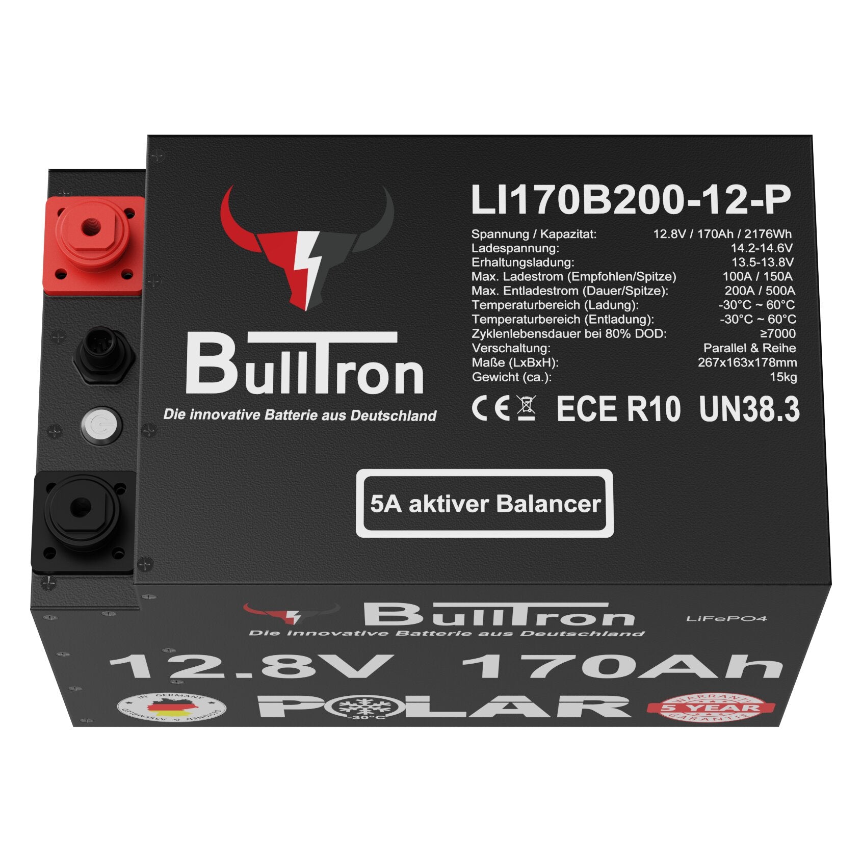 Große schwarze Lithiumbatterie Polar mit rotem Pol links, Bulltron-Logo, Seitenaufdruck zeigt 12.8V und 170Ah