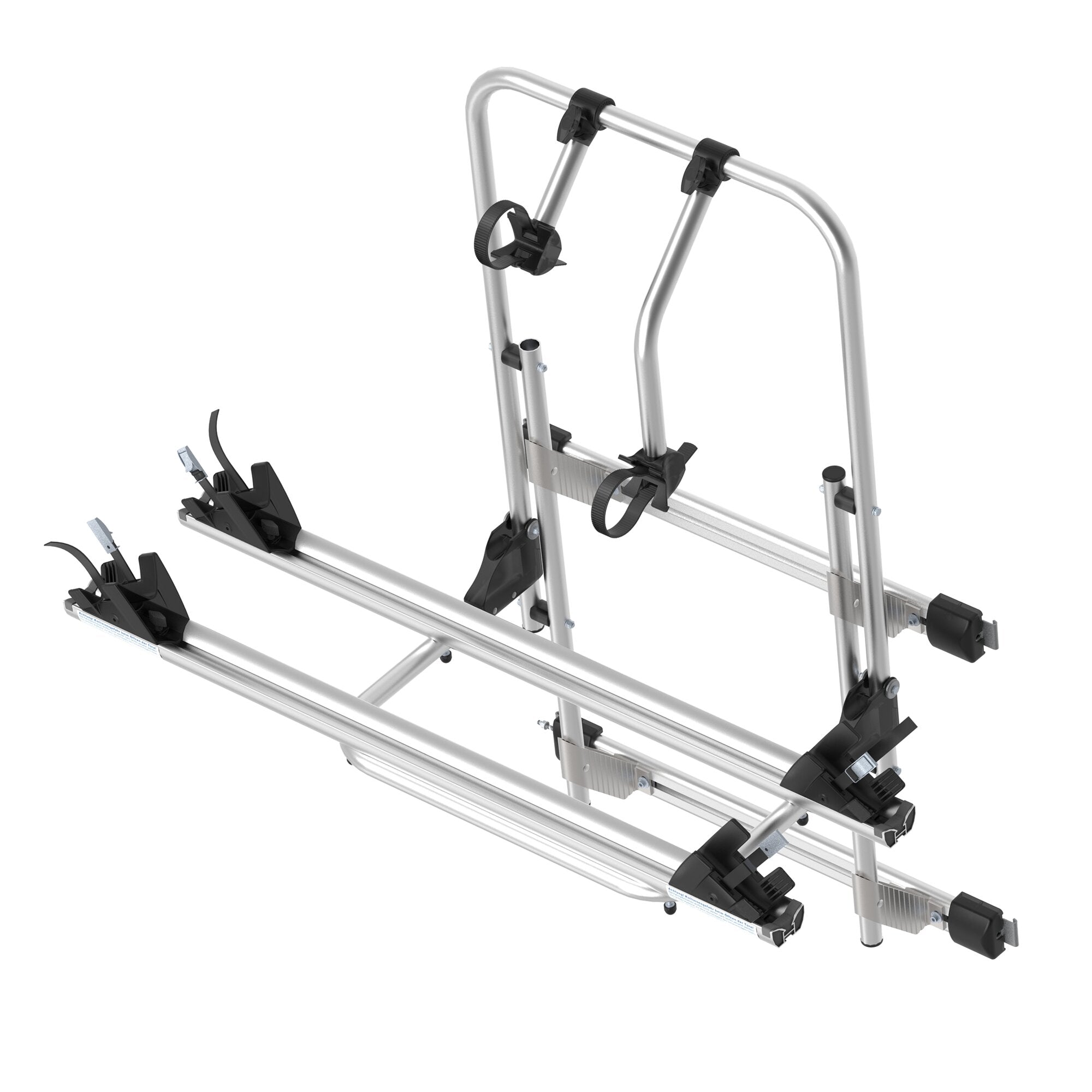 Universeller Fahrradträger aus silbernen Aluminiumrohren mit schwarzen Halteklammern, Befestigungsbändern und unteren Radhaltern