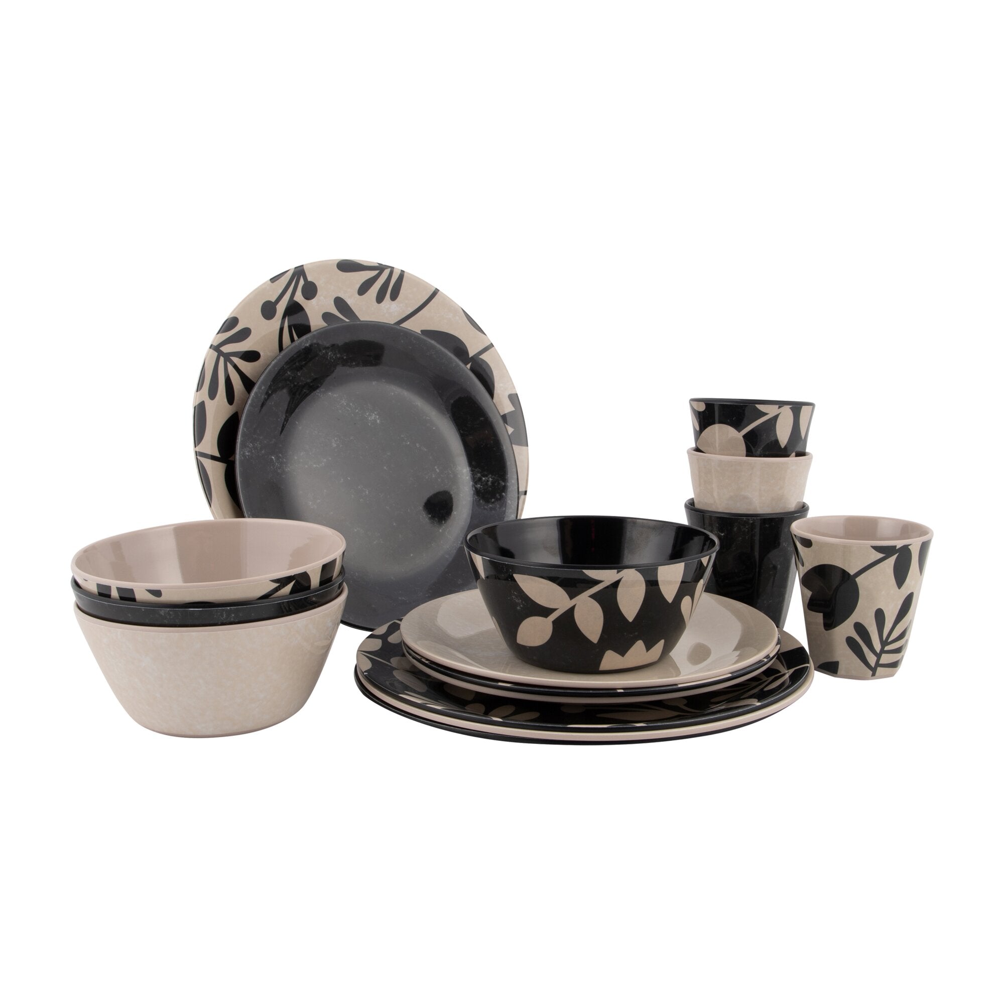 Mix & Match 16-teiliges Geschirrset in beige und schwarz mit Blattmustern, Teller, Schalen und Becher in kontrastreichem Design