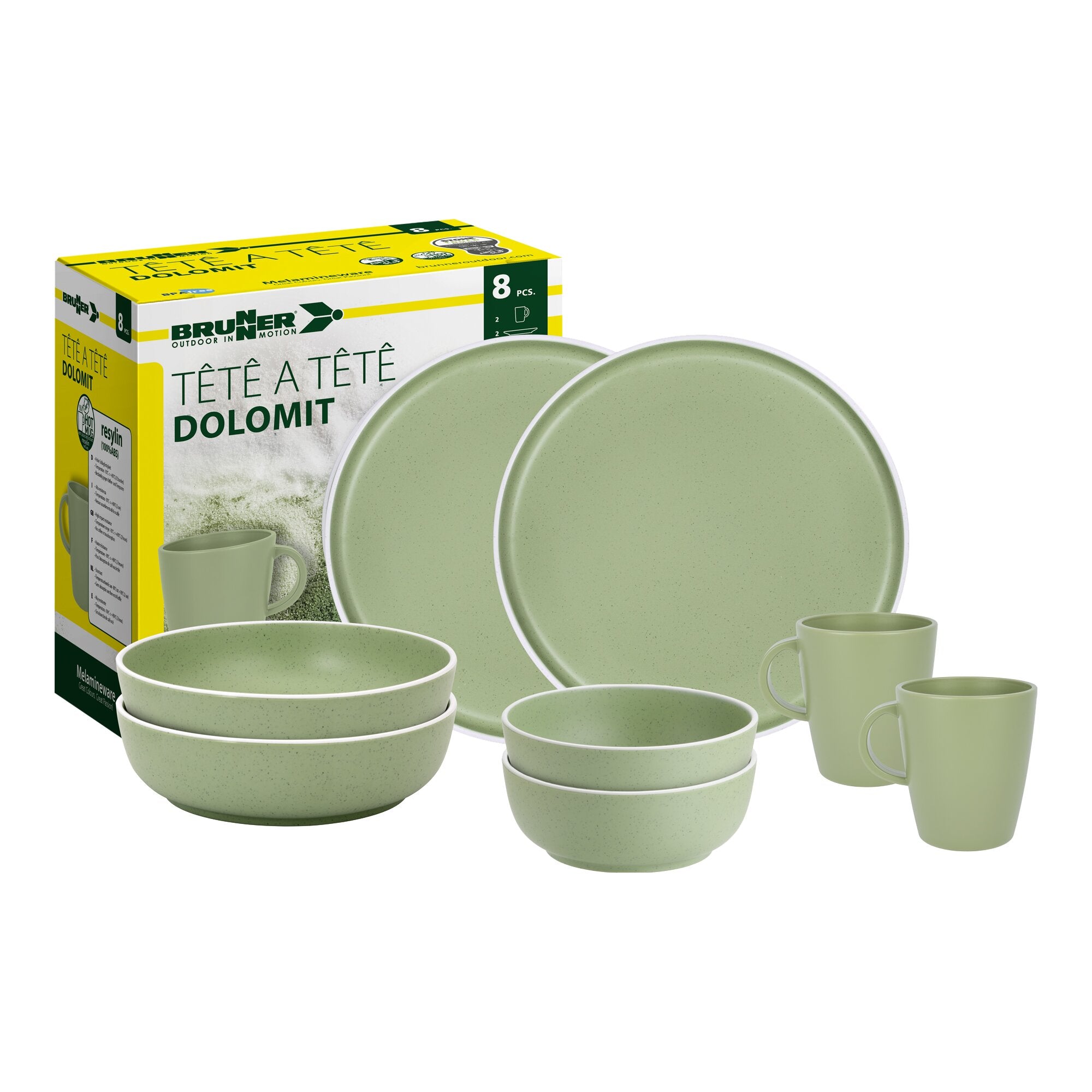 Grünes Dolomit-Geschirrset Tête-à-Tête, acht Teile mit Tellern, Schalen und Bechern, Verpackungsbox im Hintergrund sichtbar