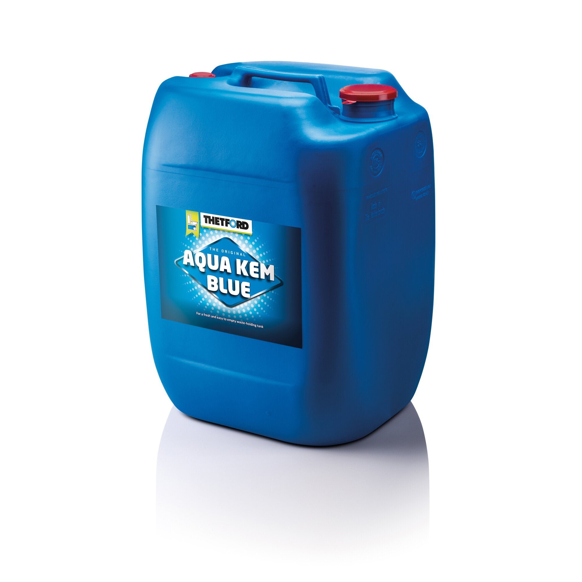 Nahaufnahme eines blauen Kunststoffkanisters mit Griff und rotem Deckel, das Etikett zeigt Aqua Kem Blue 30 L
