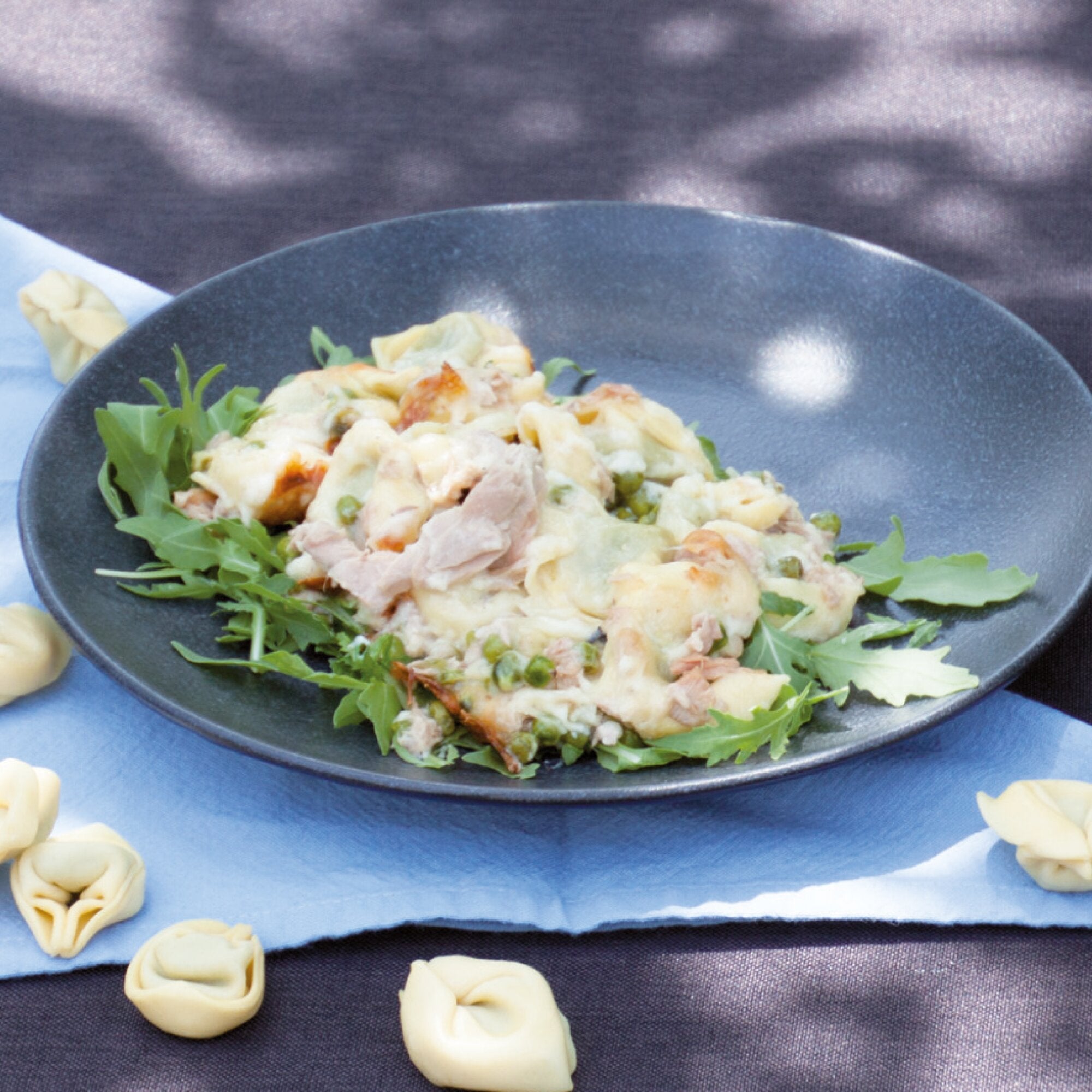 Cremefarbener Auflauf mit Fleisch, Nudeln, Erbsen und Rucola auf dunkler Platte; daneben ungekochte Tortellini liegen auf blauem Stoff