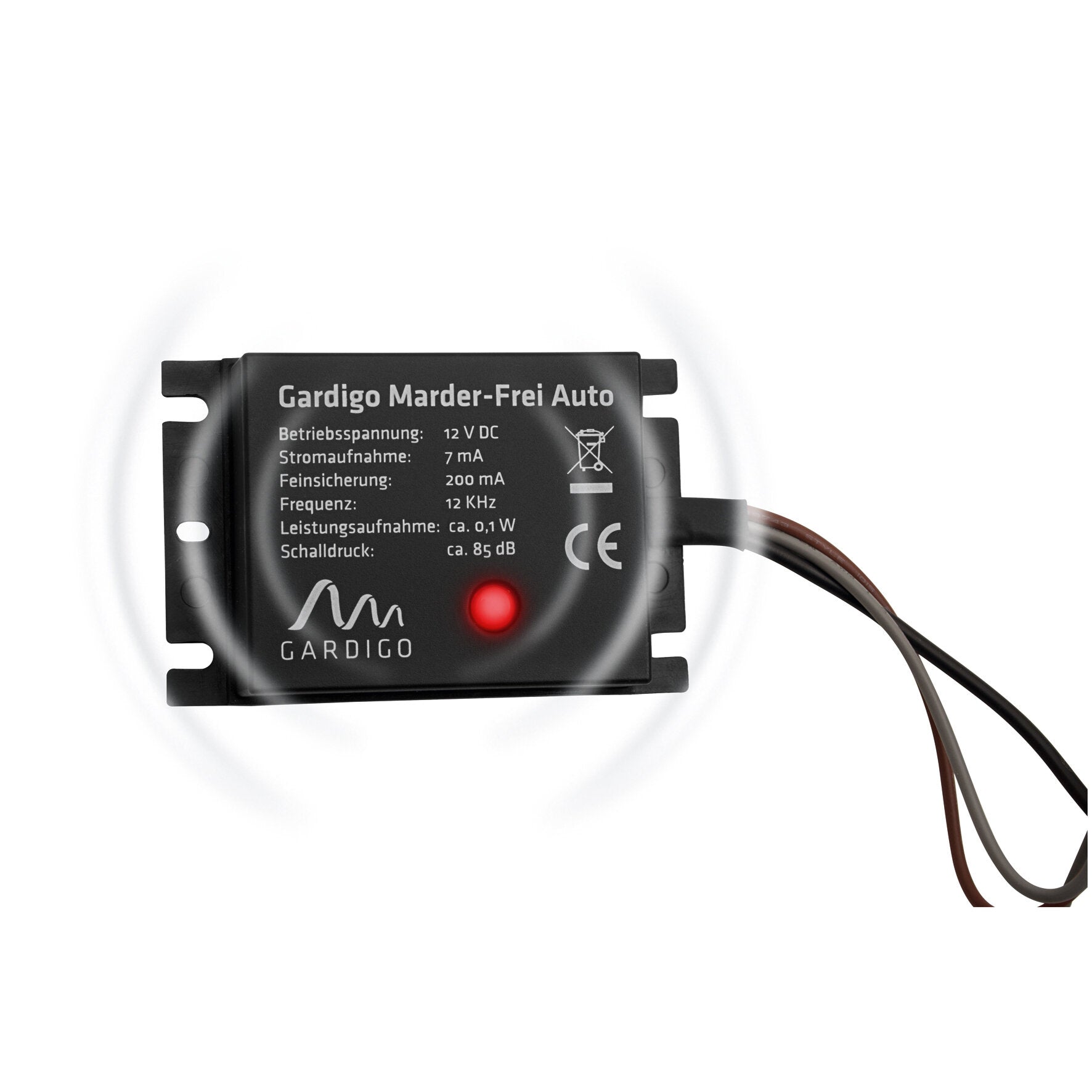 Schwarzes kompaktes Elektronikmodul mit der Aufschrift Gardigo Marder-Frei Auto, rote LED leuchtet, zwei Anschlusskabel, Montageschiene
