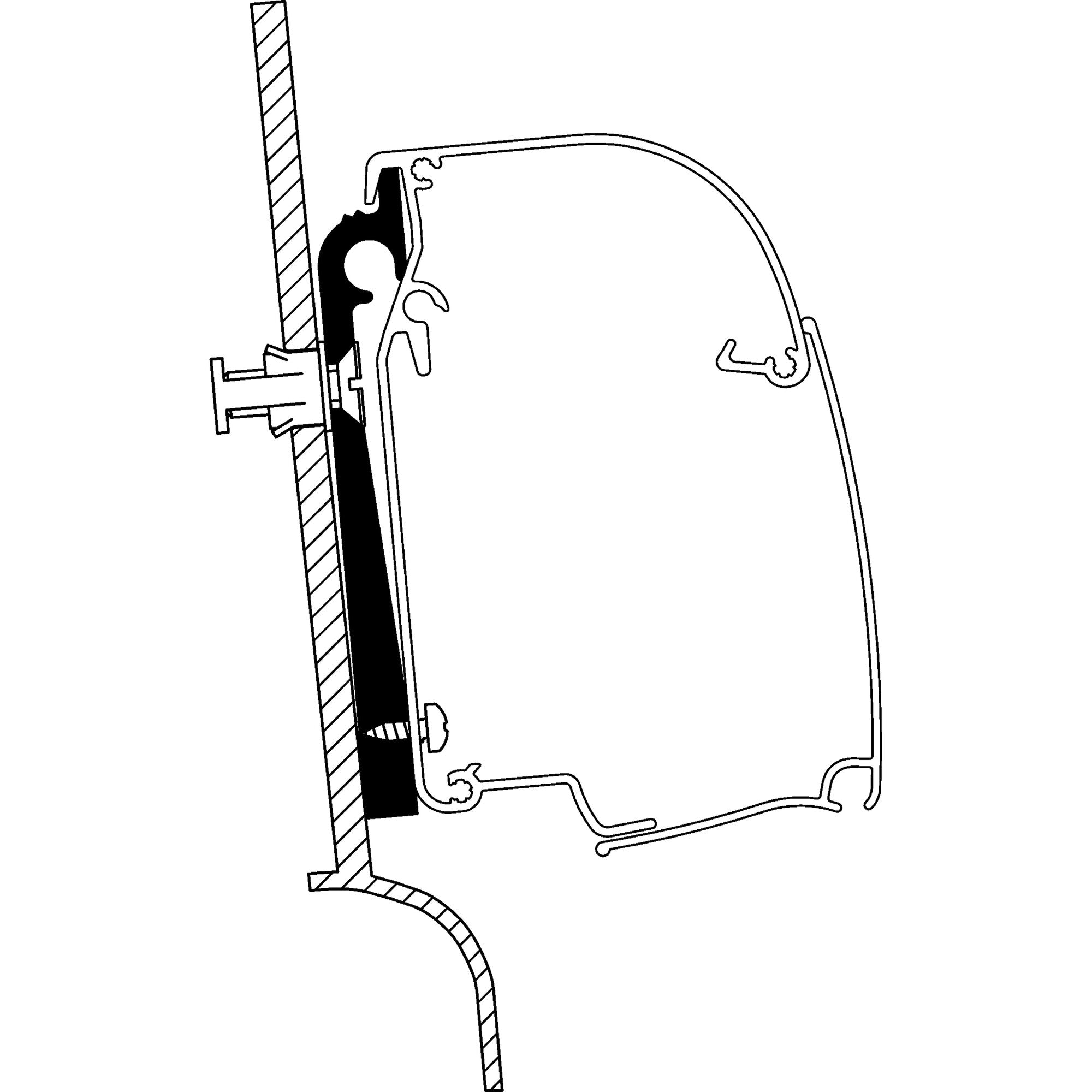 Technische Diagramm-Skizze eines VW Westfalia Adapters für Thule 4200, am schraffierten vertikalen Träger mit Halteklammer und Rundhaken