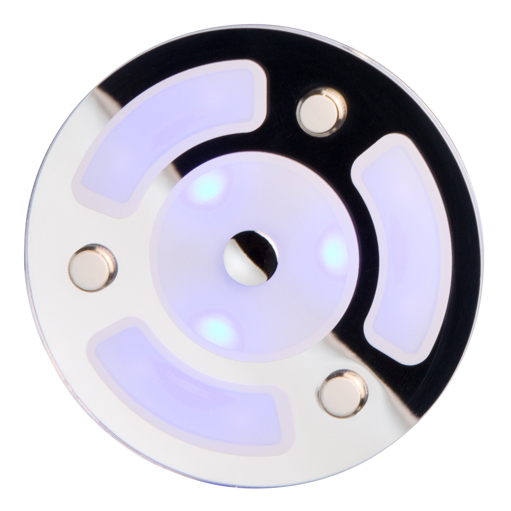 Nahaufnahme eines runden LED-Deckenleuchtelement mit violettem Lichtring, glänzendem Metallrand und kleinen Befestigungskappen