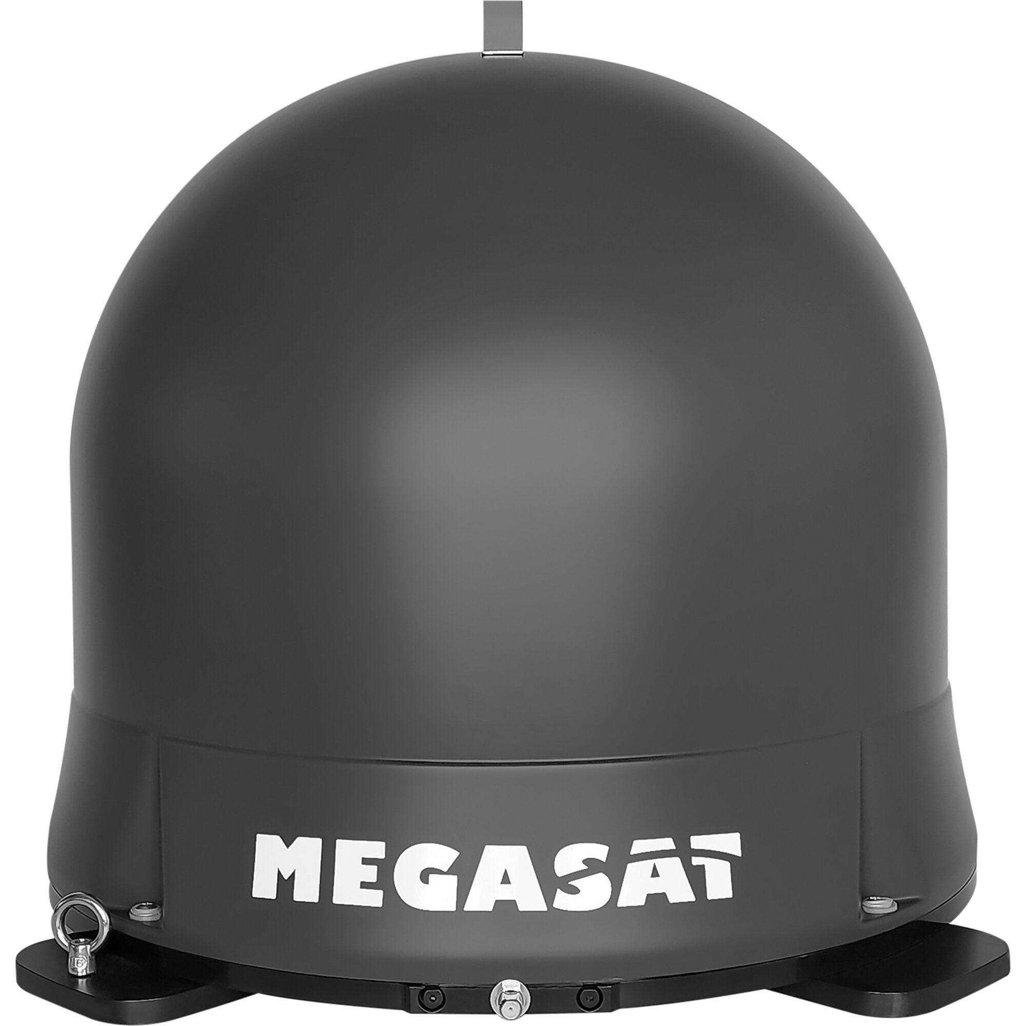 Nahaufnahme einer graphitgrauen Megasat Sat-Antenne mit kugelförmigem Gehäuse, sichtbare Schrauben und Halterungen am unteren Rand, MEGASAT-Logo