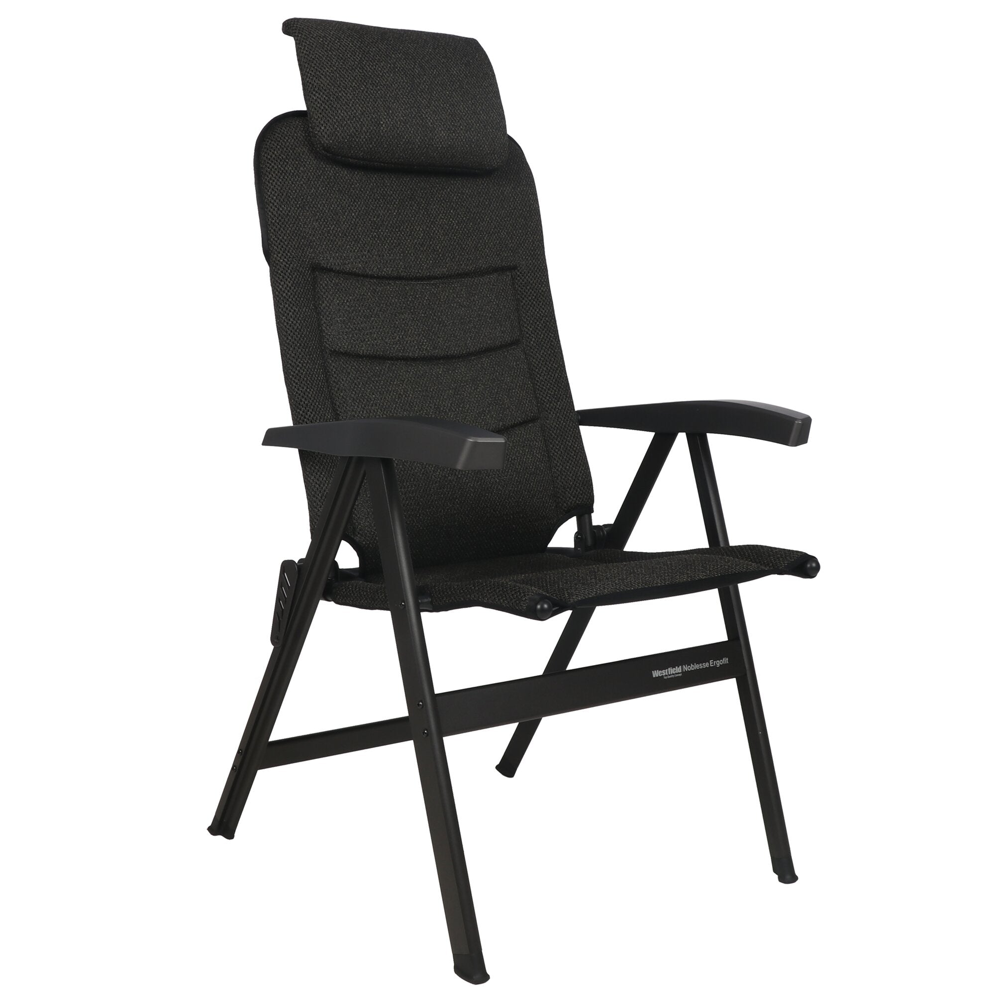 Dunkelbrauner Campingstuhl mit gepolsterter Rückenlehne und Kopfstütze, Rückentasche, schwarzen Armlehnen und klappbarem Metallrahmen