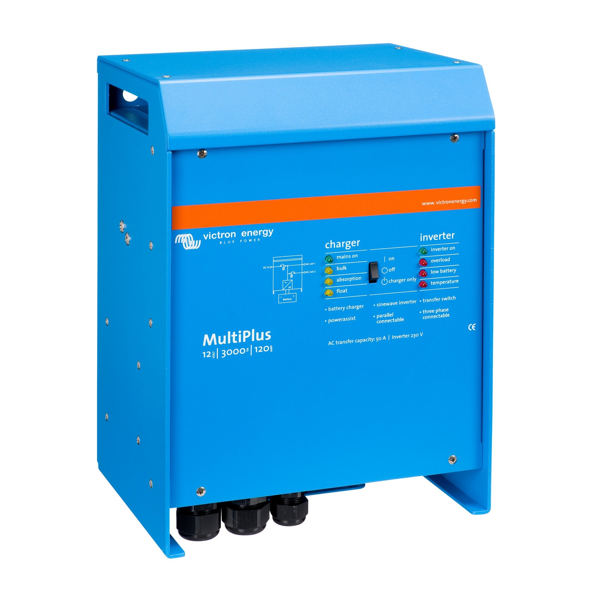 Blauer Metallkasten eines Victron MultiPlus Wechselrichters 12/3000/120-50 mit orangefarbenem Streifen und drei schwarzen Anschlusskappen unten