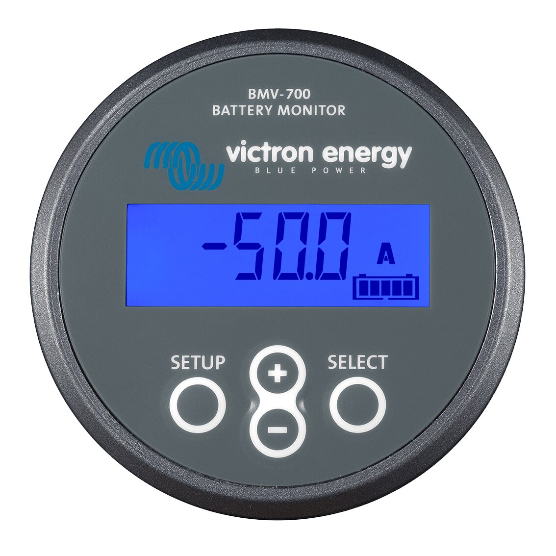 Runder grauer BMV-700 Batterie-Monitor mit blauem Display zeigt -50.0 A, Batterielogo, darunter Setup, +/- und Select
