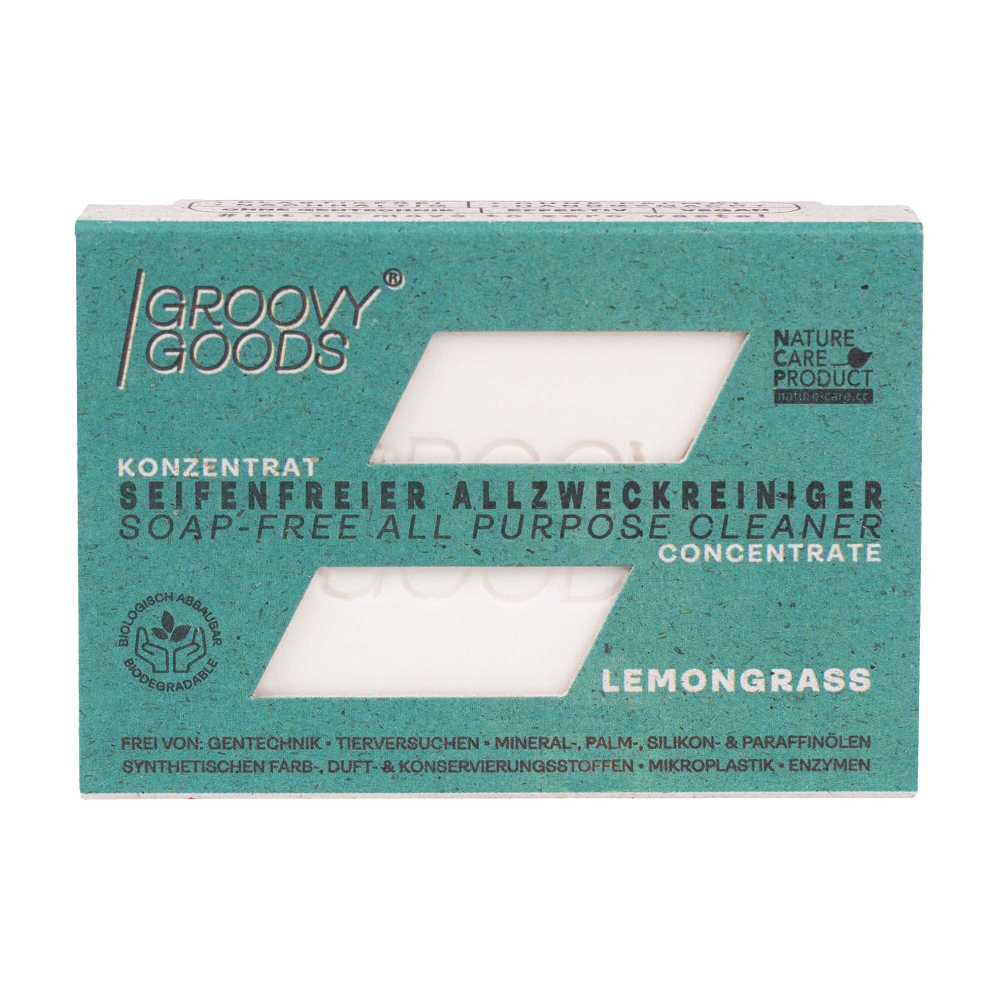 Türkisfarbene, texturierte Kartonverpackung mit Sichtfenster, Groovy Goods Logo, Lemongrass Konzentrat Seifenfreier Allzweckreiniger
