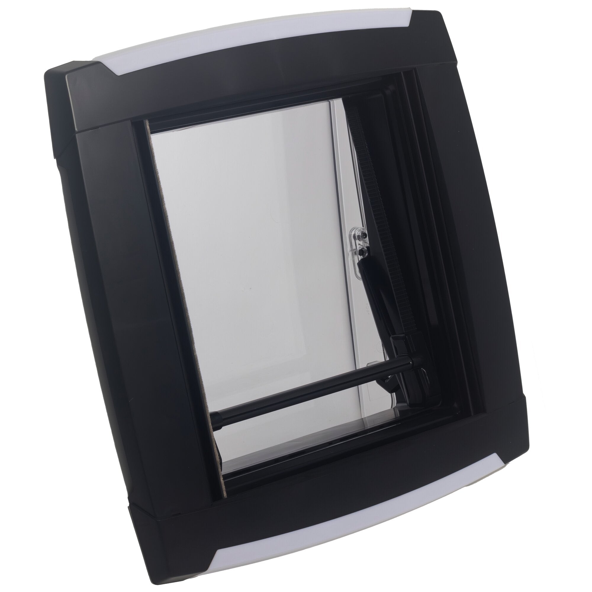 Nahaufnahme eines schwarzen Innenrahmens für Dachhauben LED, 400 x 400 mm, mit silberner Front und weißer Oberkante, sichtbare Führungsschienen