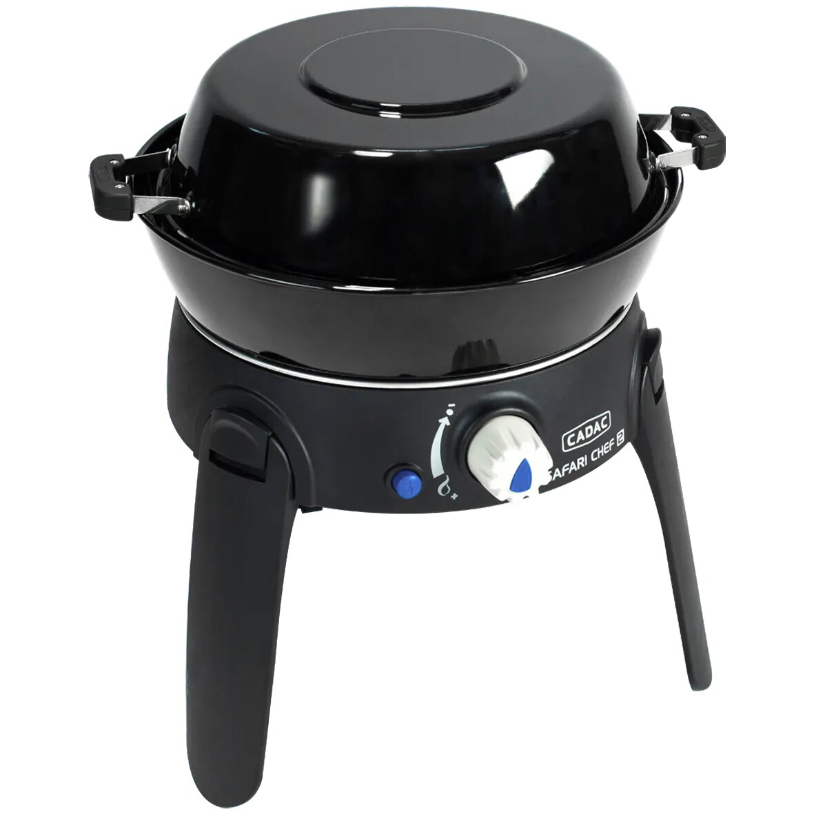 Kompakter schwarzer Gasgrill mit rundem Deckel, drei Beinen und seitlichen Griffen, weißer Drehknopf mit blauem Ring, CADAC Safari Chef 2