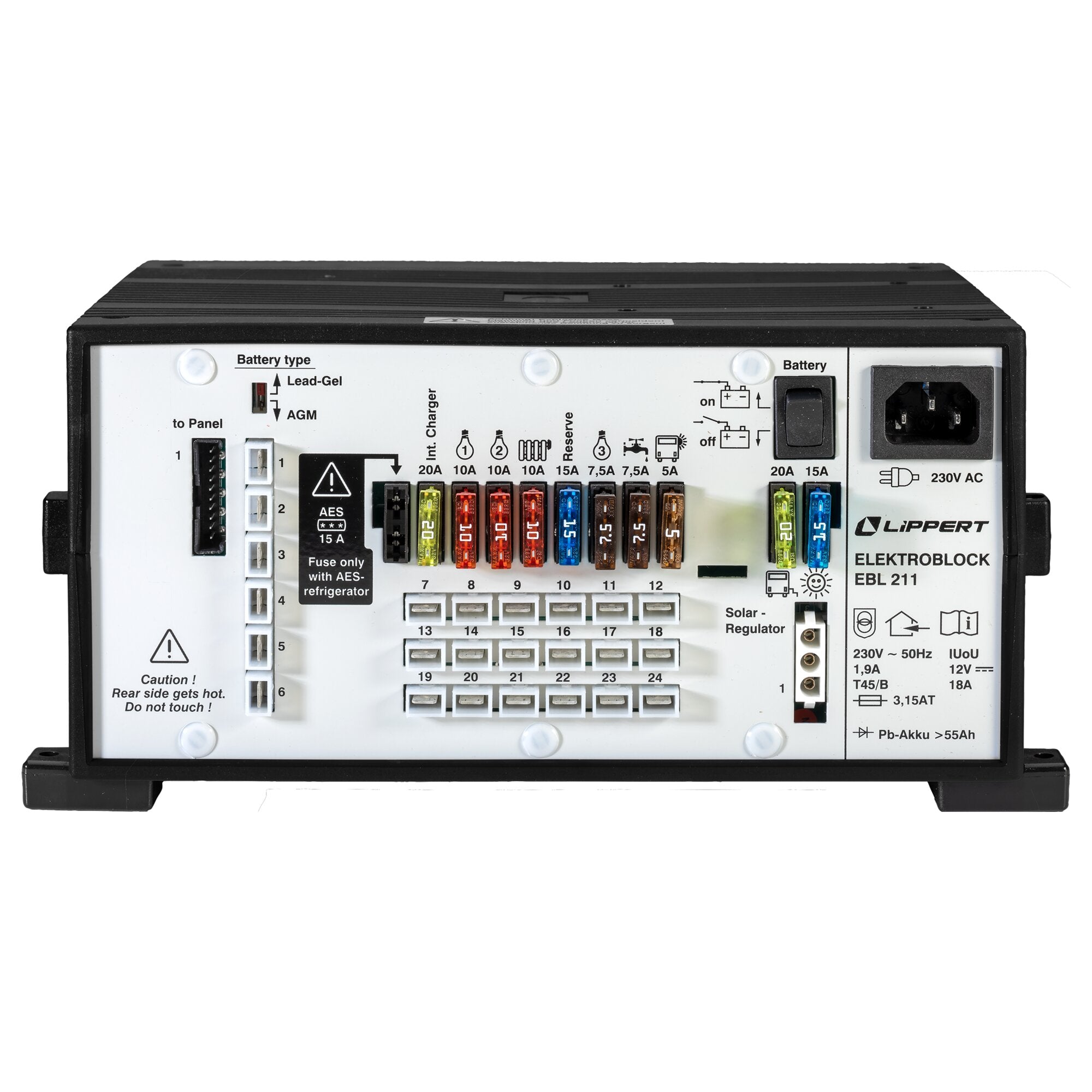 Elektroblock mit Kontrolltafel, Frontansicht: Reihe farbiger Sicherungen, Warnhinweis, Netzanschluss 230V AC, Lippert-Logo sichtbar