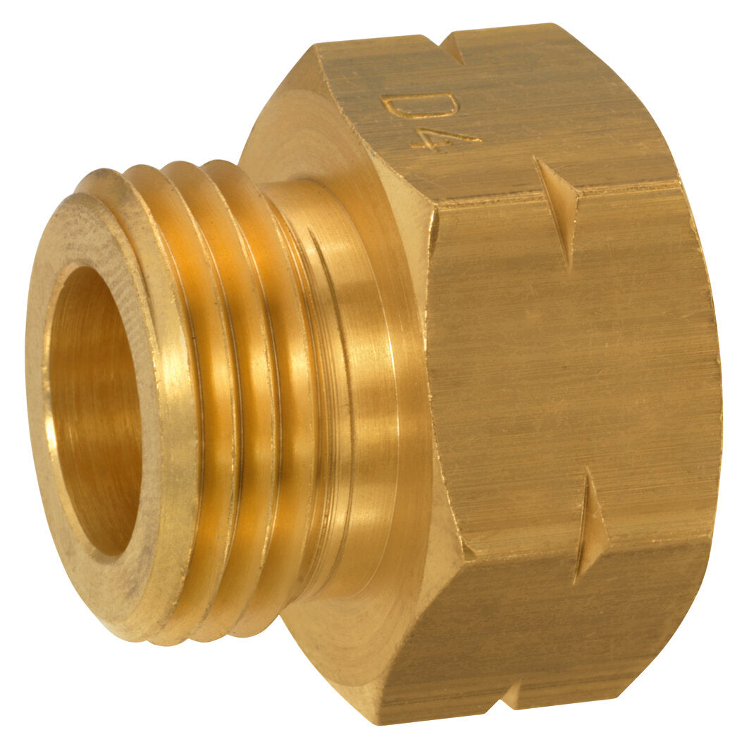 Nahaufnahme eines goldfarbenen Messing-Adapters mit Außengewinde, sichtbarer Innenöffnung und sechskantigem Kopf, geeignet für Euro-Füll-Set D