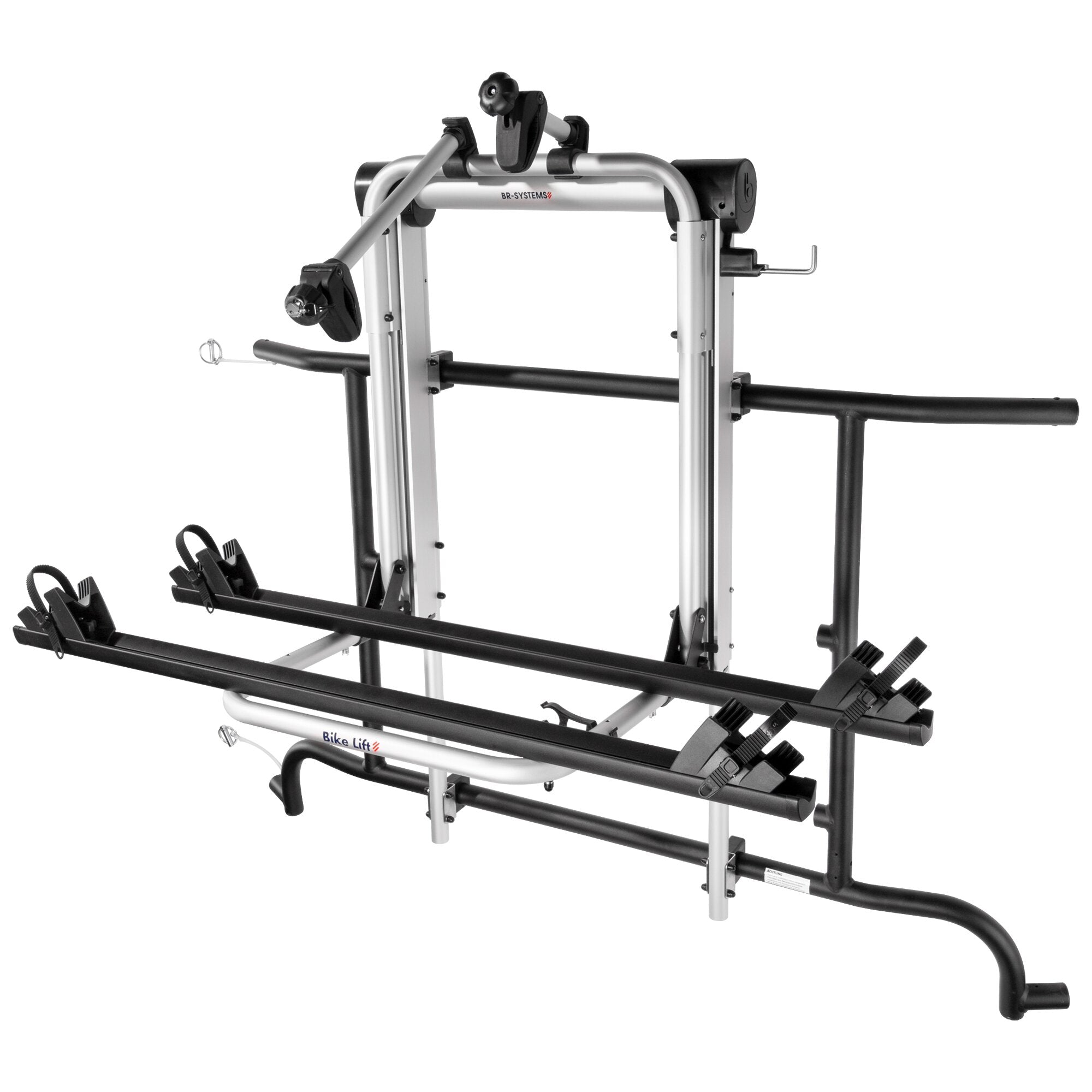 Fahrradträgerrahmen aus Aluminium mit schwarzen Haltearmen und Fahrradaufnahmen, montierte Befestigungselemente, Bike Lift Beschriftung sichtbar