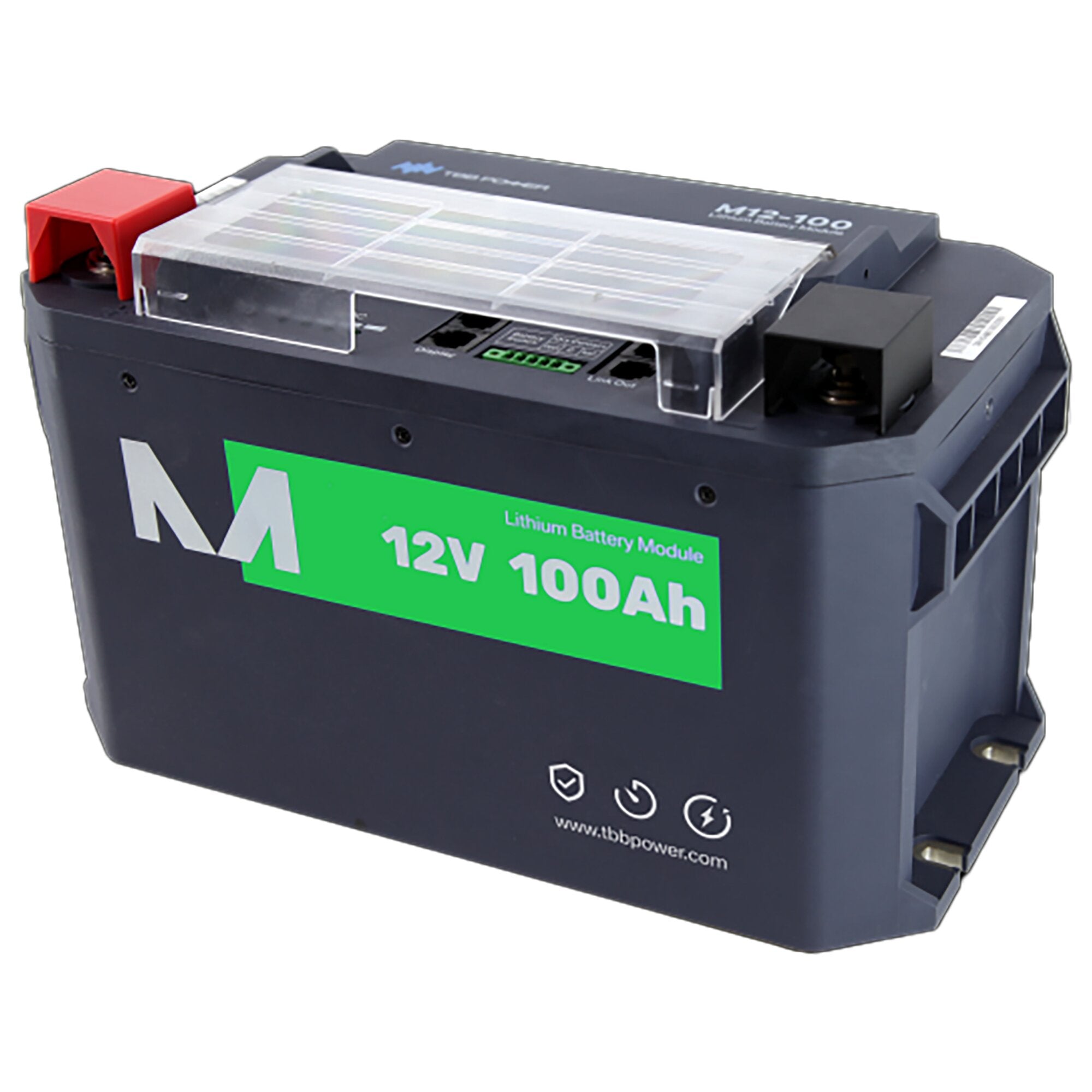 Nahaufnahme eines M12-100/P Lithium-Batteriemodul mit rotem Poldeckel, transparenter Abdeckung und grüner Beschriftung 12V 100Ah