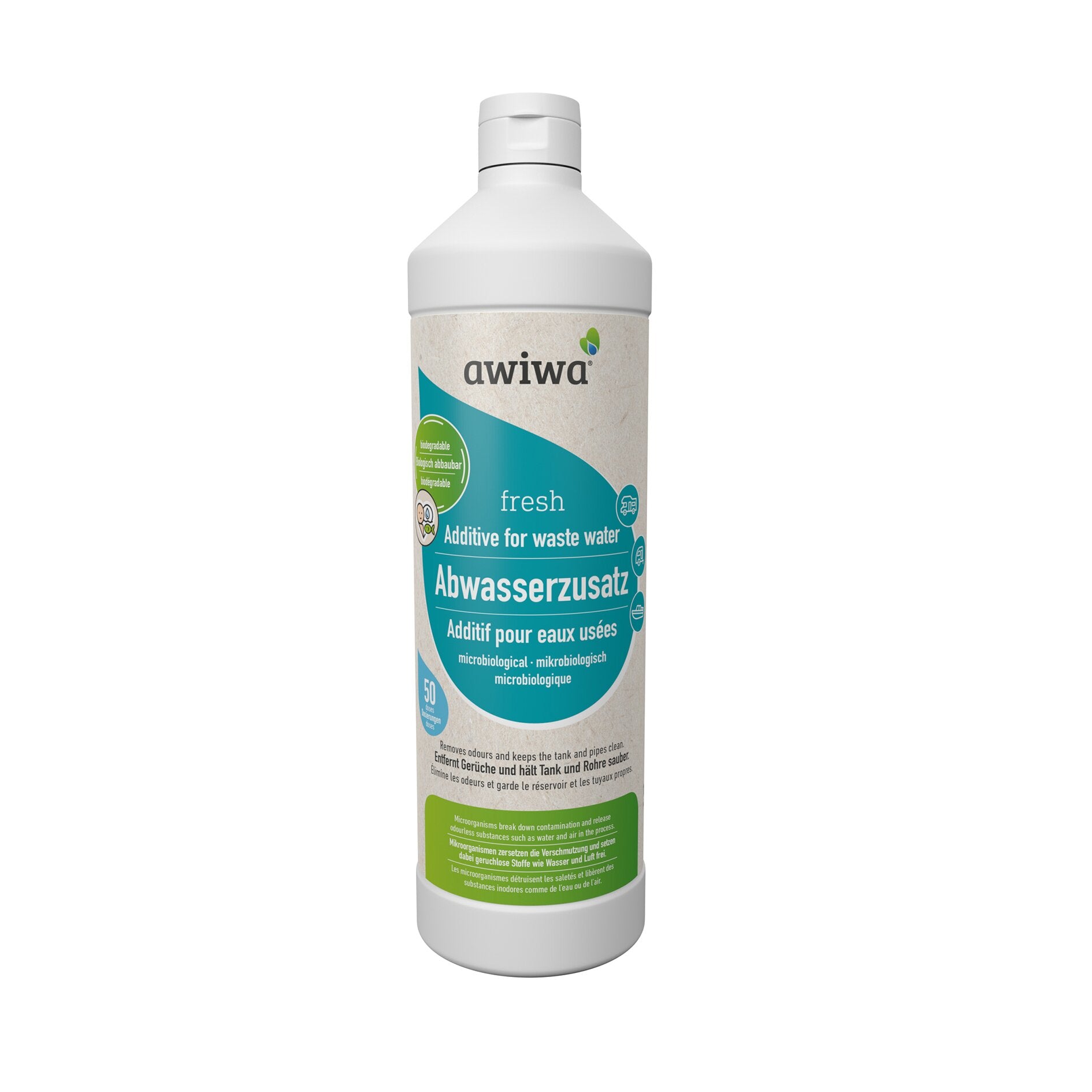 Weiße Kunststoffflasche mit Schraubverschluss; Etikett in Türkis zeigt Abwasserzusatz fresh von awiwa mit mehrsprachigen Produktinformationen