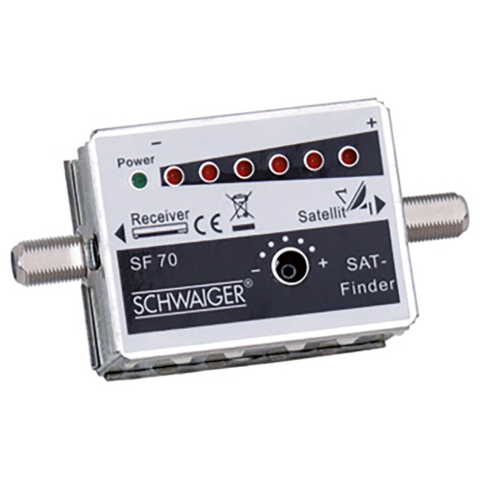 Kompakter Sat-Finder SF 70 von Schwaiger, zwei Koaxialanschlüsse, Reihe roter Status-LEDs, grüne Power-LED, zentraler Einstellknopf