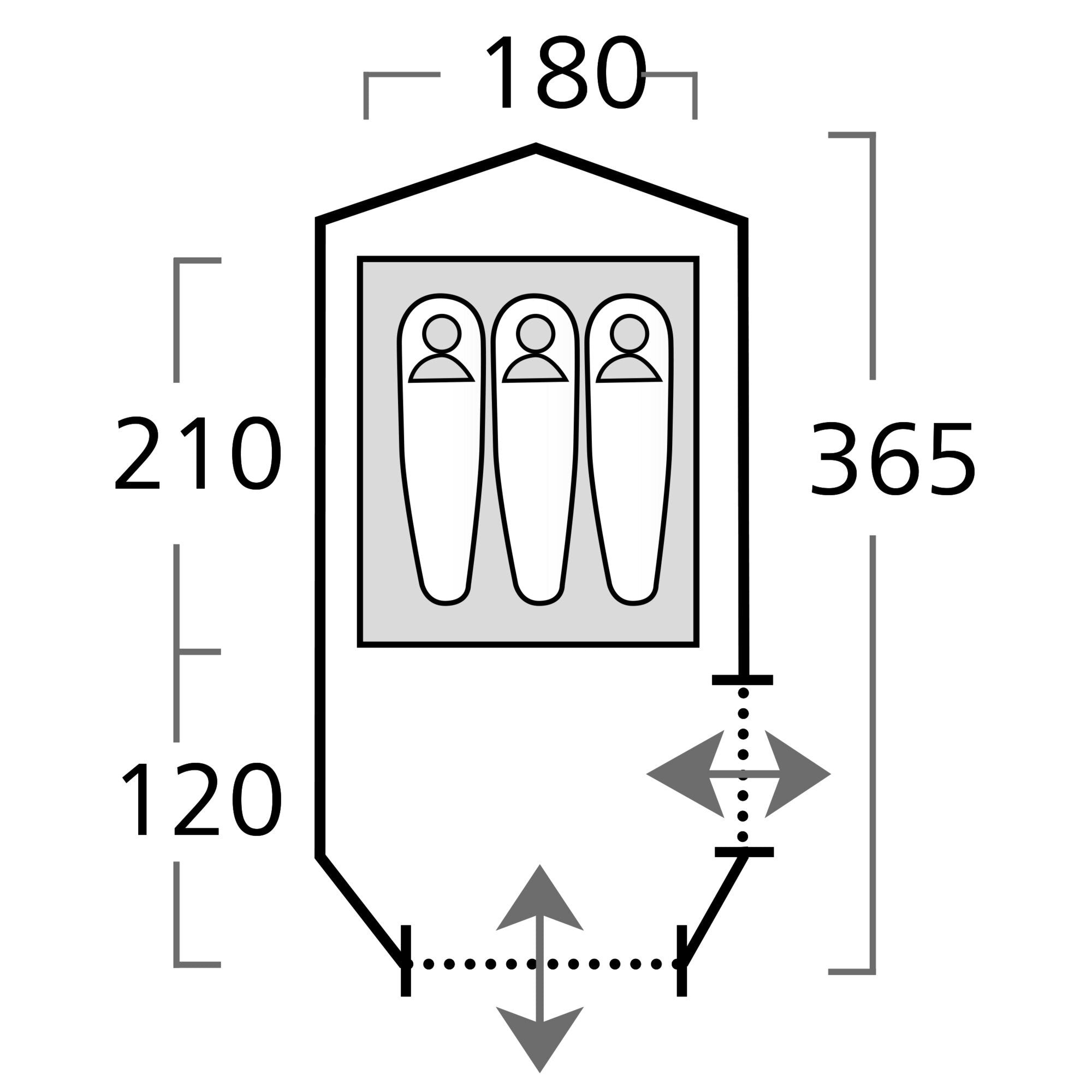 Schematische Darstellung eines Kuppelzelts Kira 3.1 mit Innenansicht, drei Personensilhouetten in grau, Maßangaben und Grundriss-Symbole