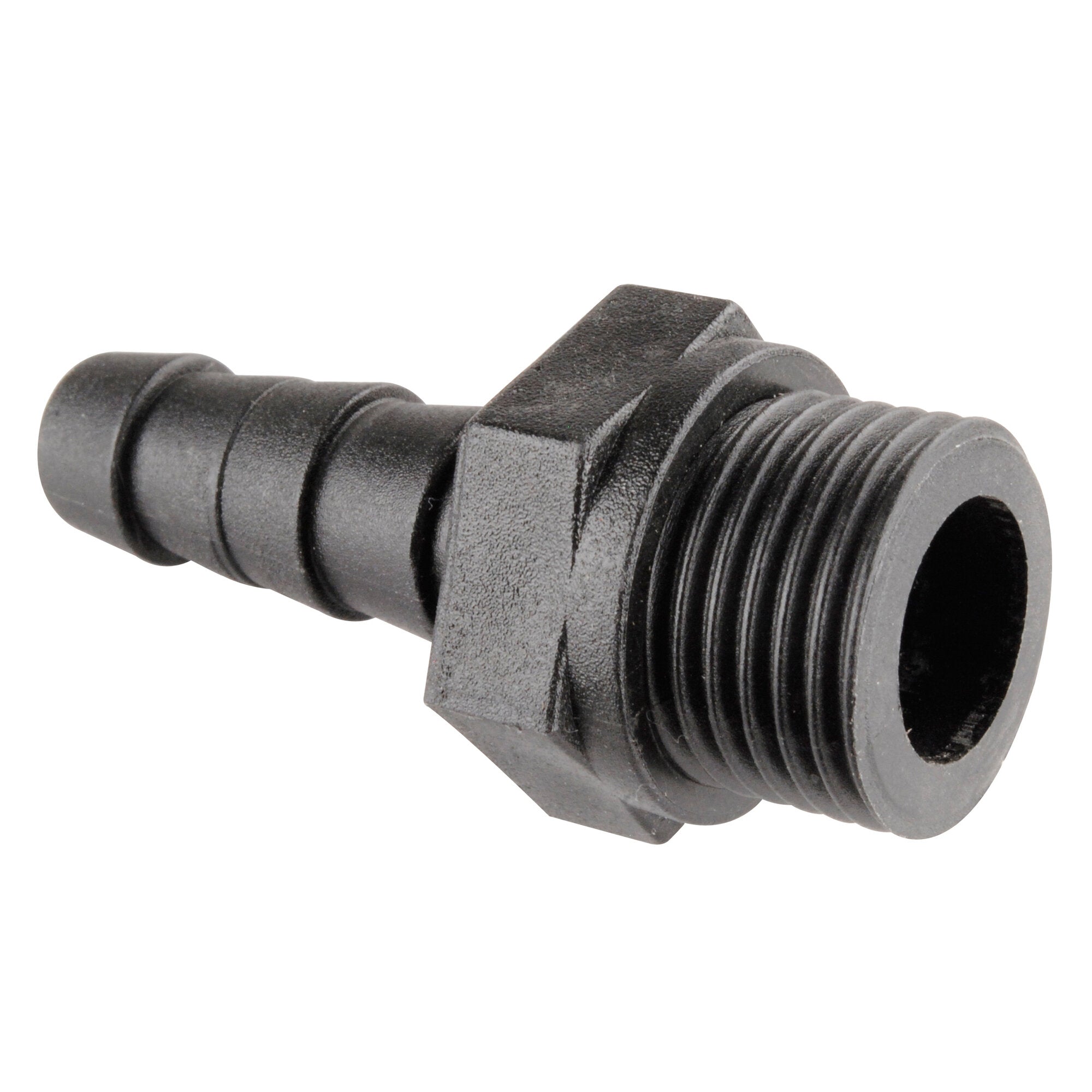Schwarze Kunststoff-Einschraubtülle mit grob gerippter Schaftseite und hexagonalem Kopf, sichtbarer Innenkanal, Größe 10/12 mm ½ Zoll