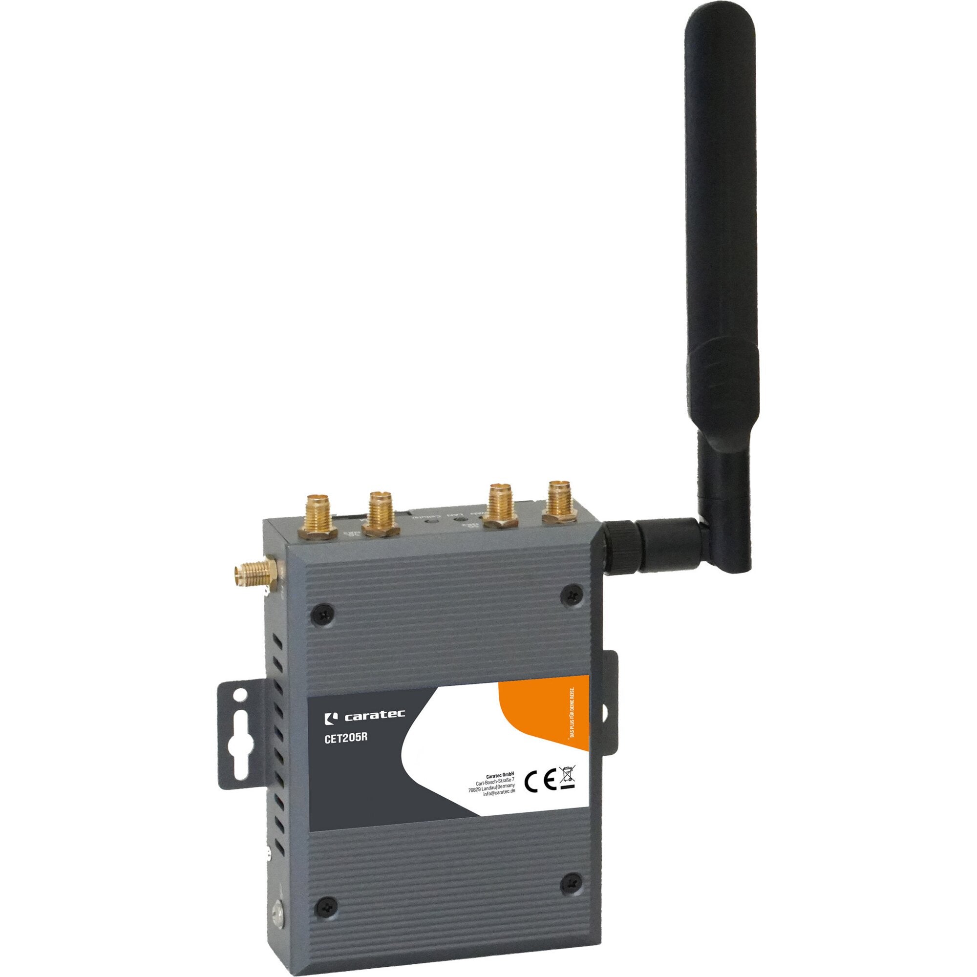 CET205R Routerset von Caratec Electronics, graues Gehäuse mit mehreren goldenen SMA-Anschlüssen oben und einem schwarzen Antennenstab