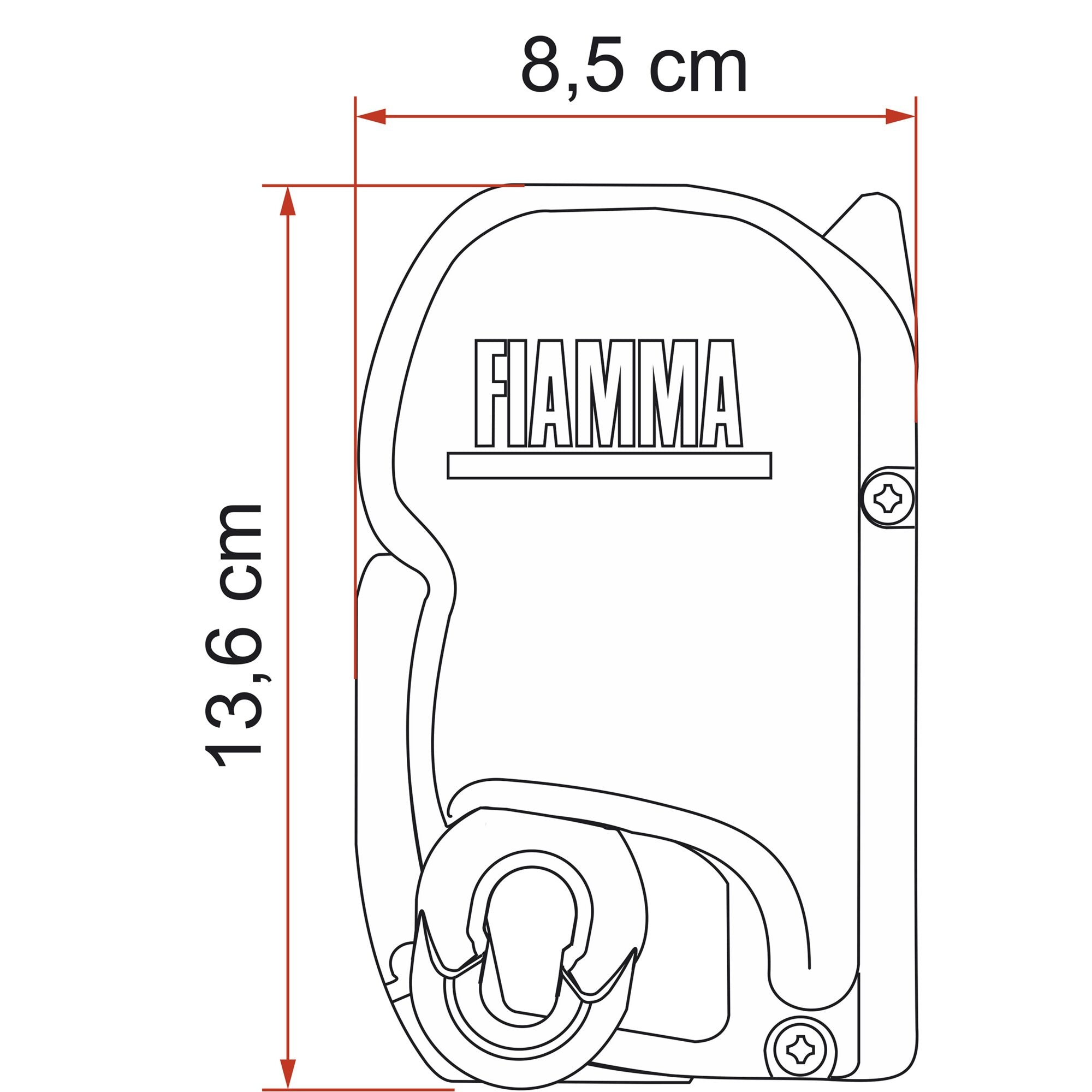 Technische Zeichnung eines FIAMMA Markisen-Mechanismus mit Logo, seitlichem Arm, runder Rolle unten und Schraubenköpfen; rote Maßlinie zeigt 8,5 cm Breite