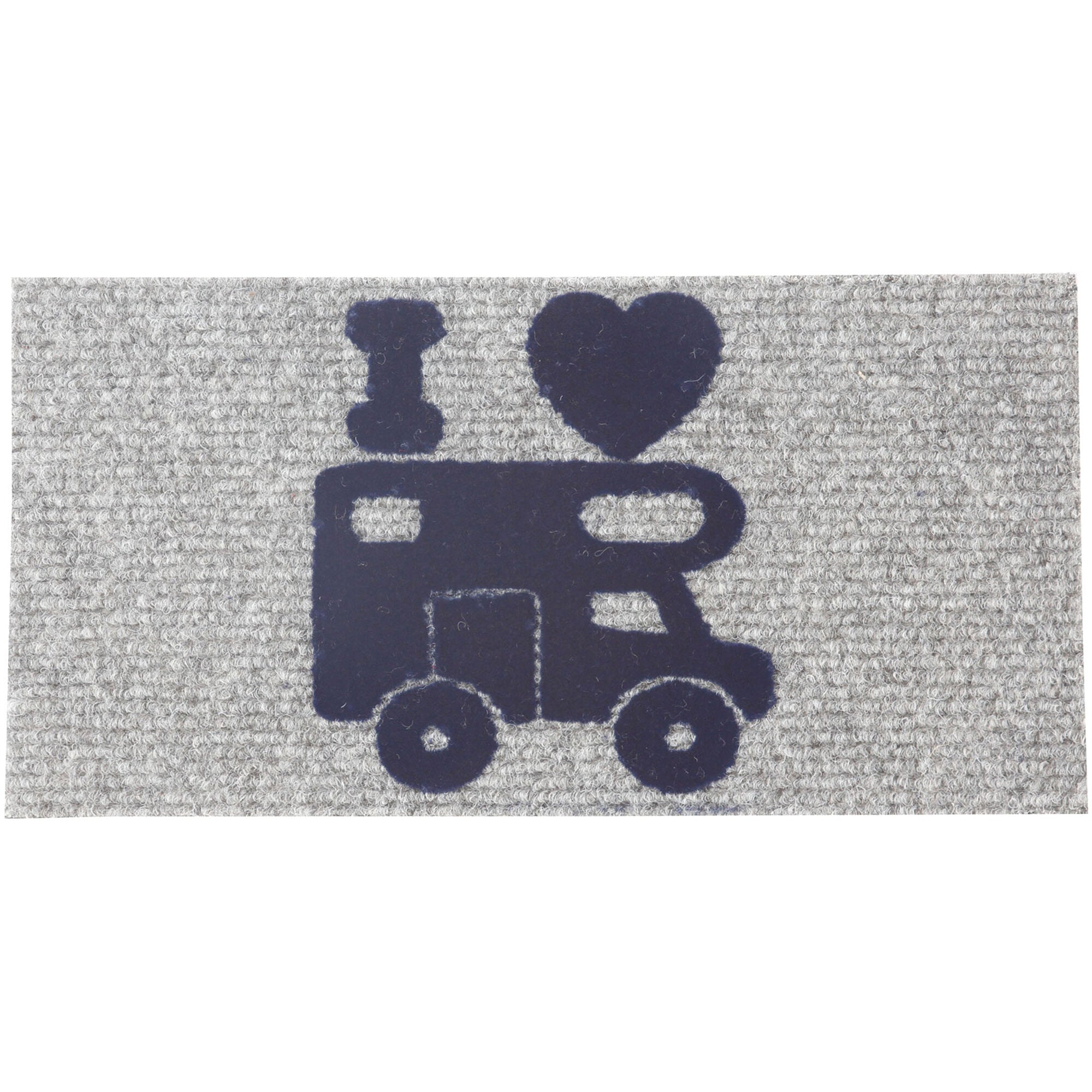 Nahaufnahme einer grauen textilen Türmatte mit dunkelblauem Camper-Van-Symbol, sichtbar ist ein Teil eines Schriftzugs mit I und Herz