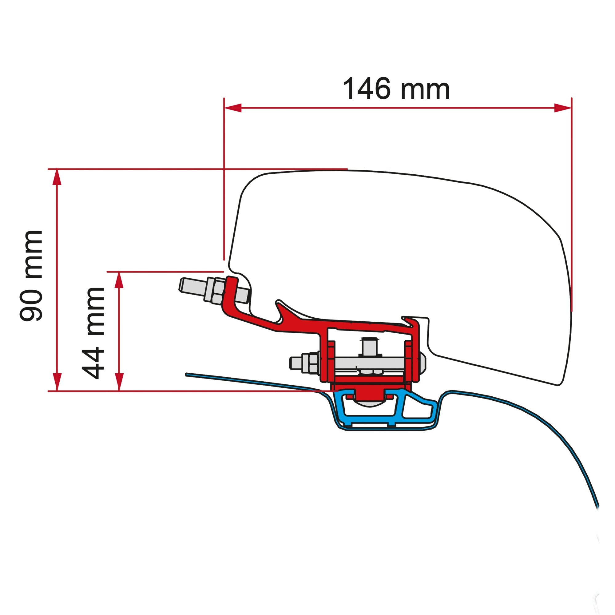 Technische Zeichnung eines Markisenadapter-Kits für VW T5/T6 Dachreling rotes Montagesystem, blaue Halterung, Maß 146 mm