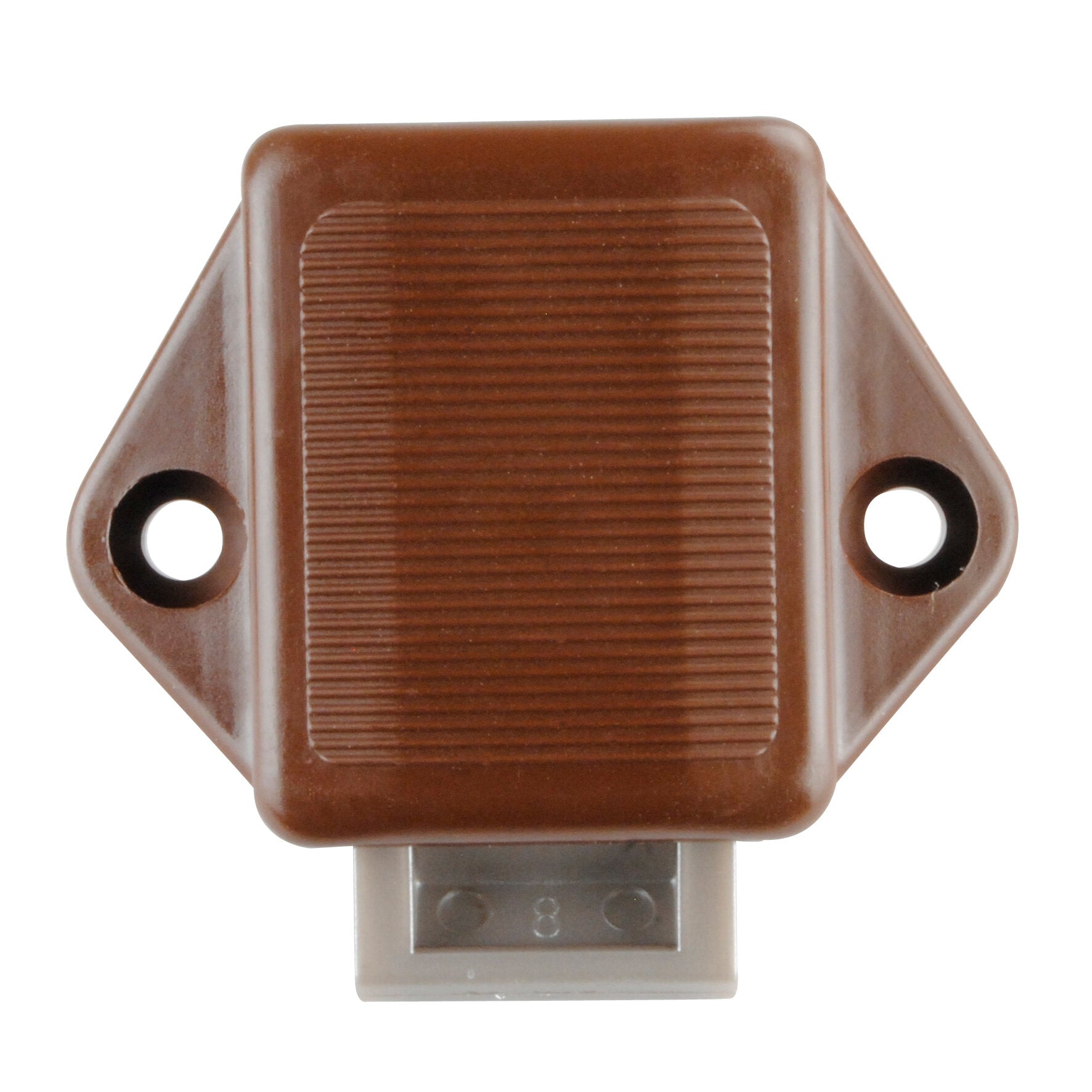 Braunes Kunststoffgehäuse eines Aufschraub-Riegelschloss Push-Lock Mini mit gerippter Fläche, seitlichen Schraubenlöchern und unten sichtbarem Metallteil