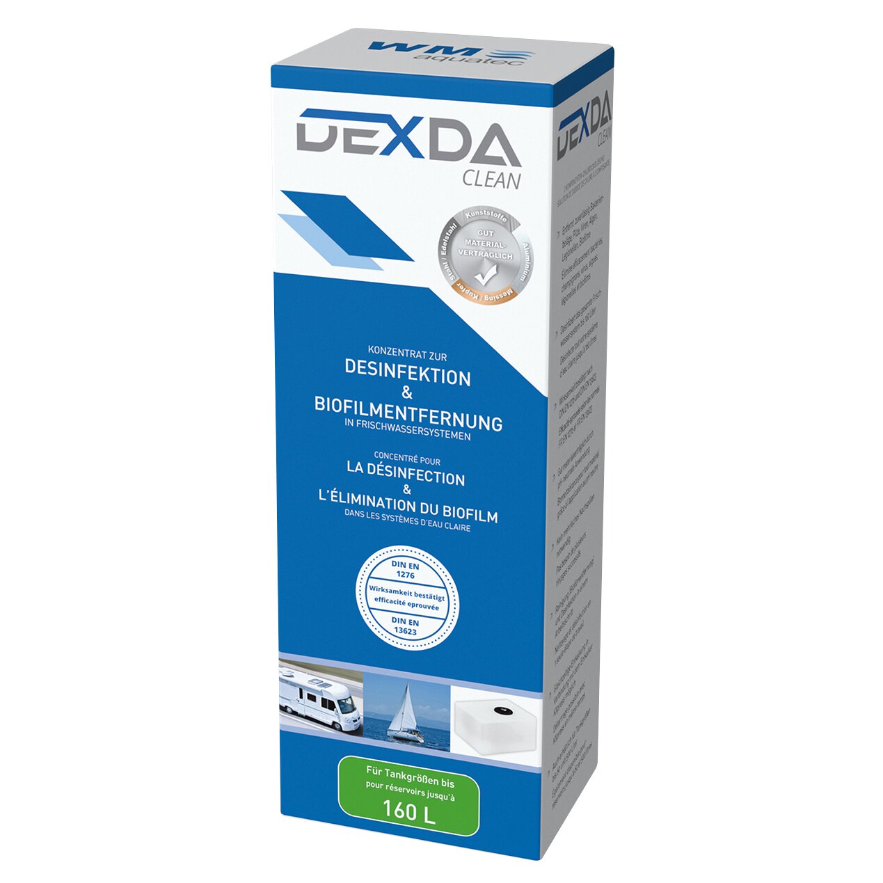 DexDA Clean Verpackung für Wasserdesinfektion und Biofilmentfernung, blau-weiße Kartonverpackung, 160 L Kapazität