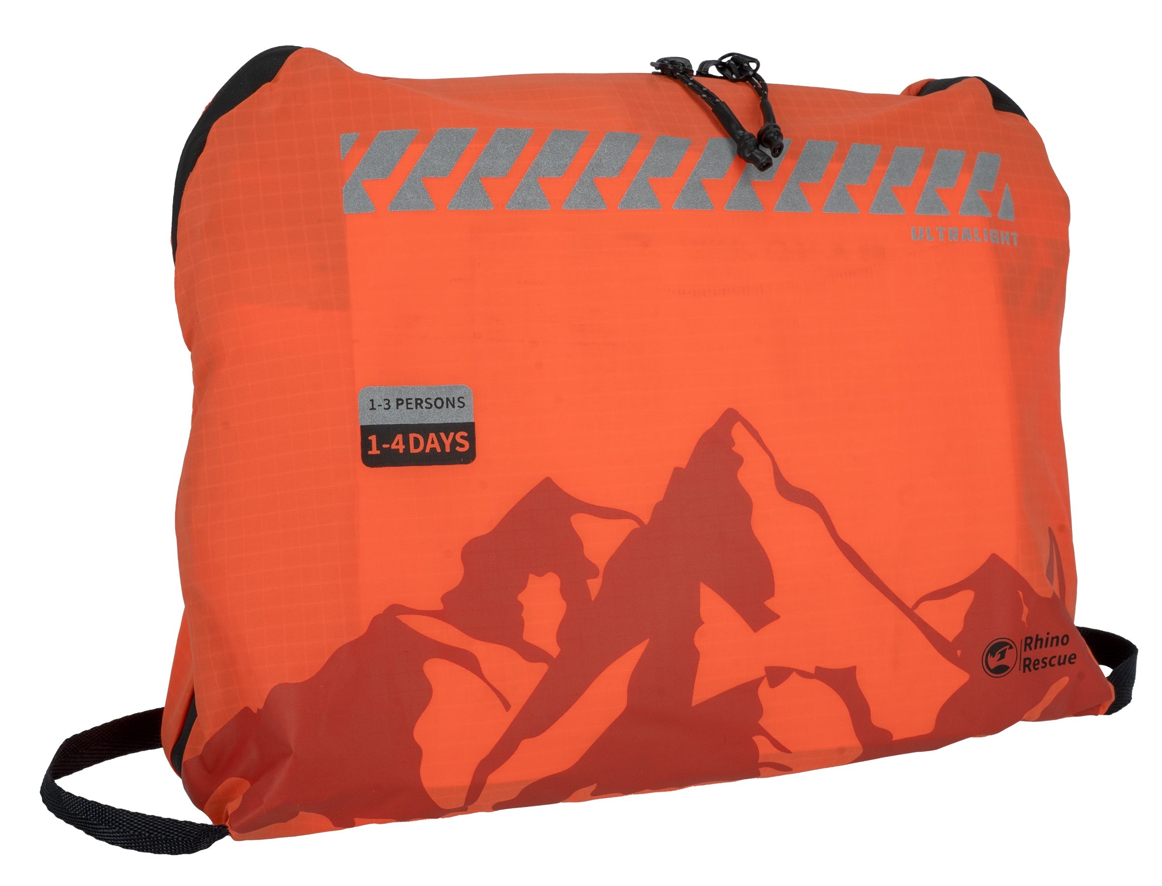 Orangefarbener, leichtgewichtiger Erste-Hilfe-Kit mit grauen Bergsilhouetten und Reflexstreifen, kompakt und rechteckig mit.