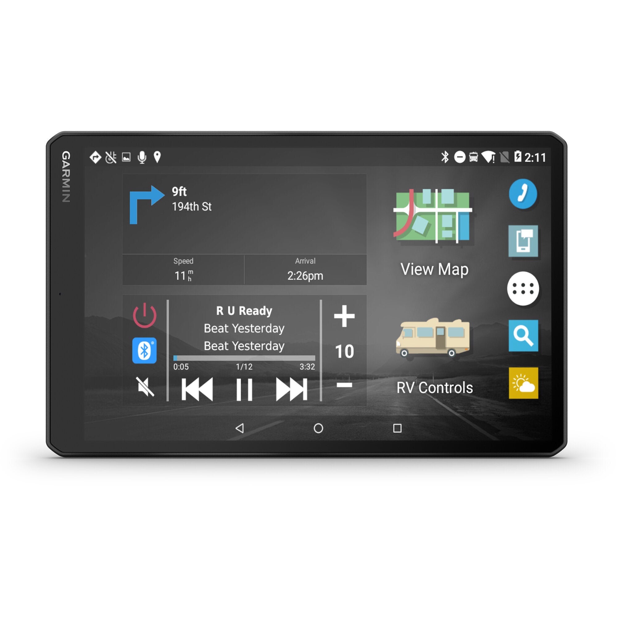 Garmin Bedienteil VIEO RV mit 10,1 Zoll Display; Garmin-Logo sichtbar; Bildschirm zeigt Kartenansicht mit Navigationspfeil und RV-Symbolen