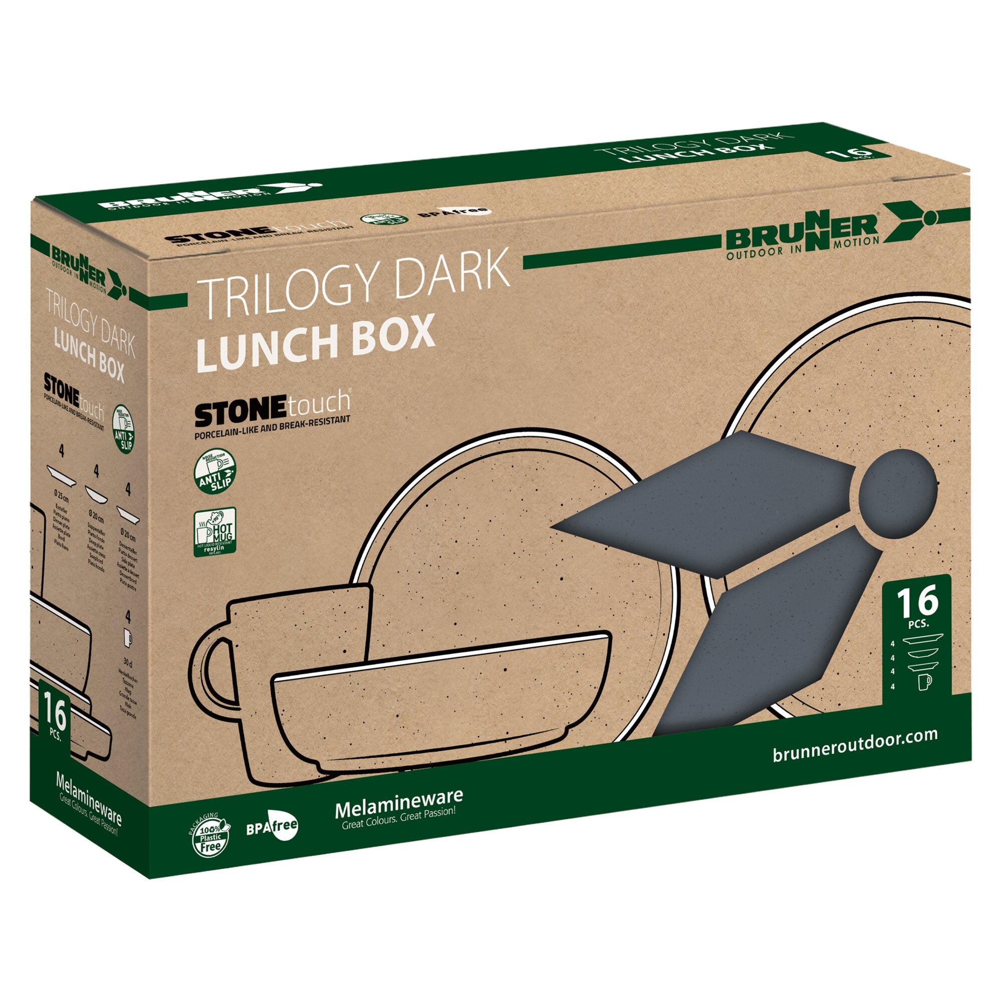Braune Kartonbox mit grünen Akzenten; vorne TRILOGY DARK LUNCH BOX in Weiß, Hinweis auf 16 Teile, Brunner Outdoor in Motion Logo