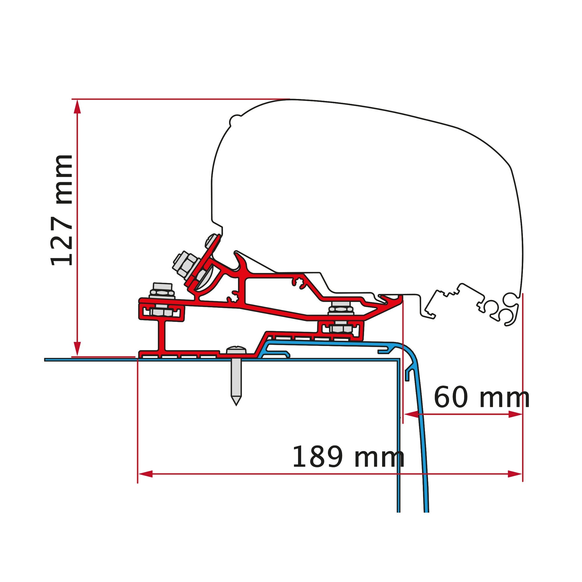 Technische Zeichnung eines roten Markisenadapters mit Befestigungsteilen, Schrauben und Bolzen, Maßlinien 60 mm und 189 mm sichtbar