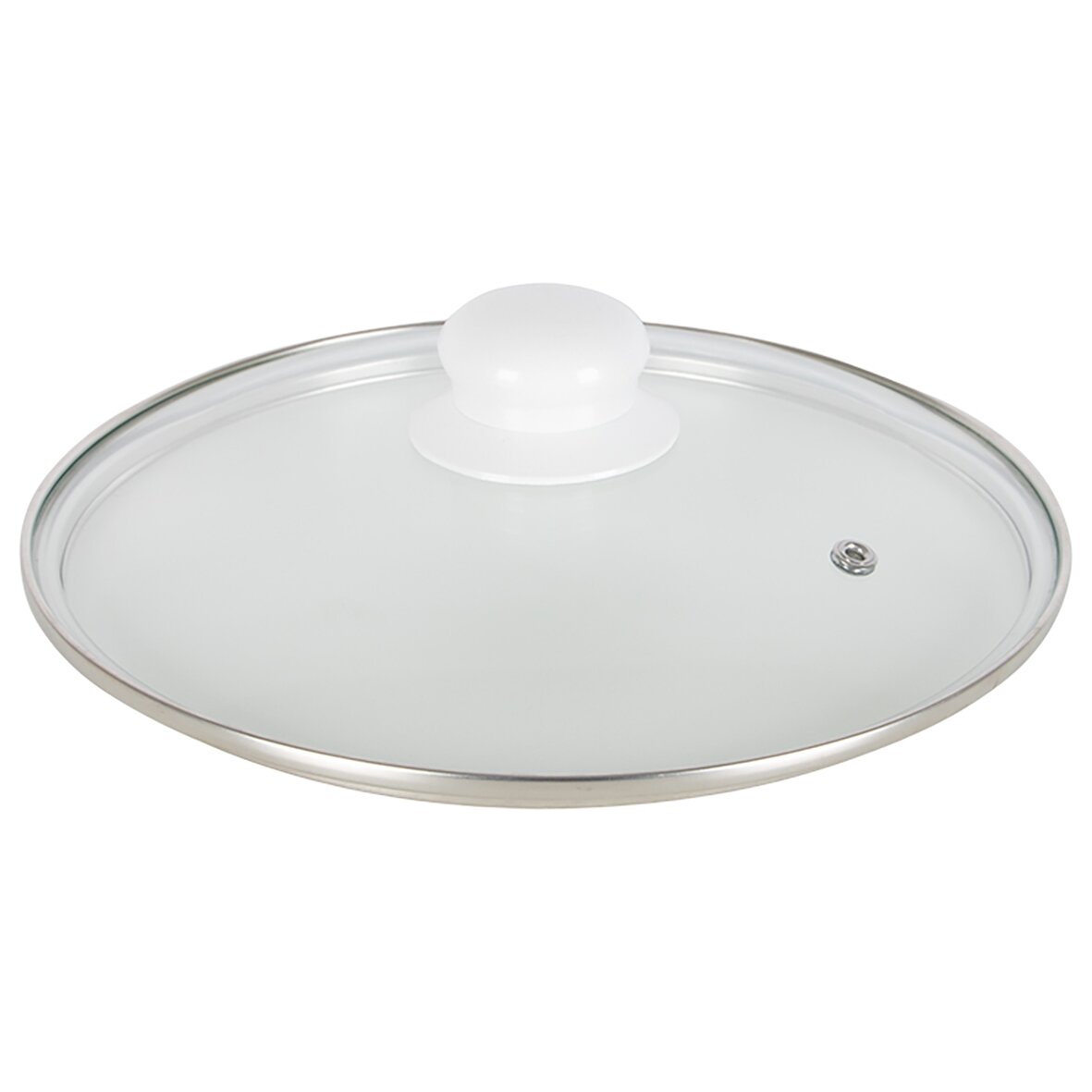 Runder Glasdeckel mit Edelstahlrand und weißem, kugelförmigem Griff; transparenter Deckel mit kleinem Dampfventil am Rand