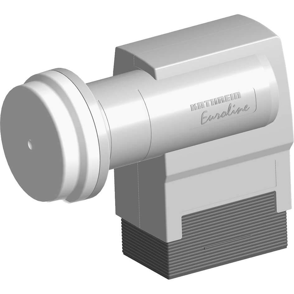 Silbernes Twin-LNB-Gehäuse mit runder Vorderseite, Kathrein Euroline Beschriftung, auf montierter Halterung zu sehen