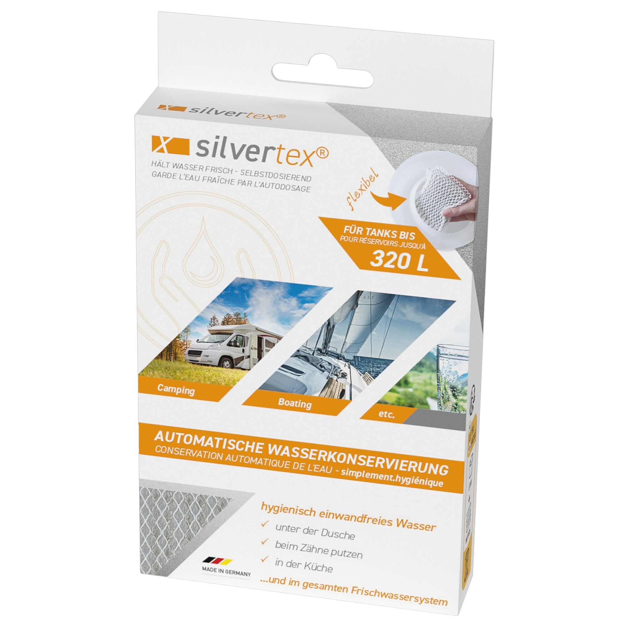 Verpackung der Wasserkonservierung Silvertex 320 L, weiße Box mit orangeem Logo und Motiven von Camping und Booten