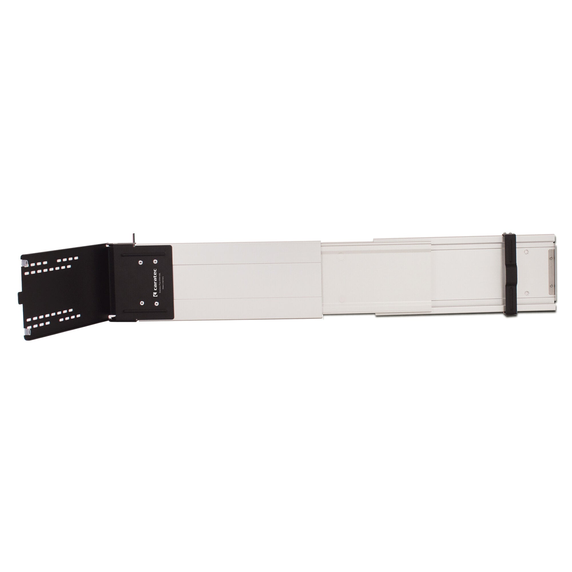 Seitlicher Auszug Flex CFA102L, lange silberne Metallführung mit schwarzer Montageplatte am linken Ende und sichtbaren Löchern