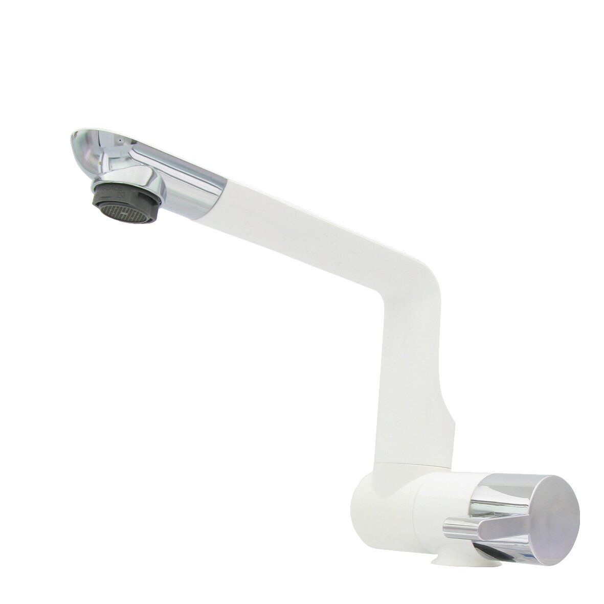 Weißer Arona-Wasserhahn mit langem, gebogenem Arm, silbernem Auslaufkopf mit Aerator, an runder Basis mit Chromabschluss montiert