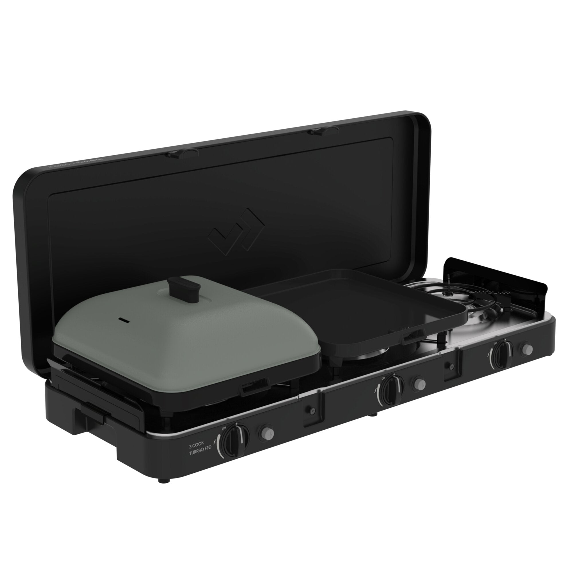 Aufgeklapptes schwarzes Gehäuse eines tragbaren Gaskochers 3 Cook Turbo Deluxe; Deckel offen, zwei Brenner sichtbar, Frontknöpfe