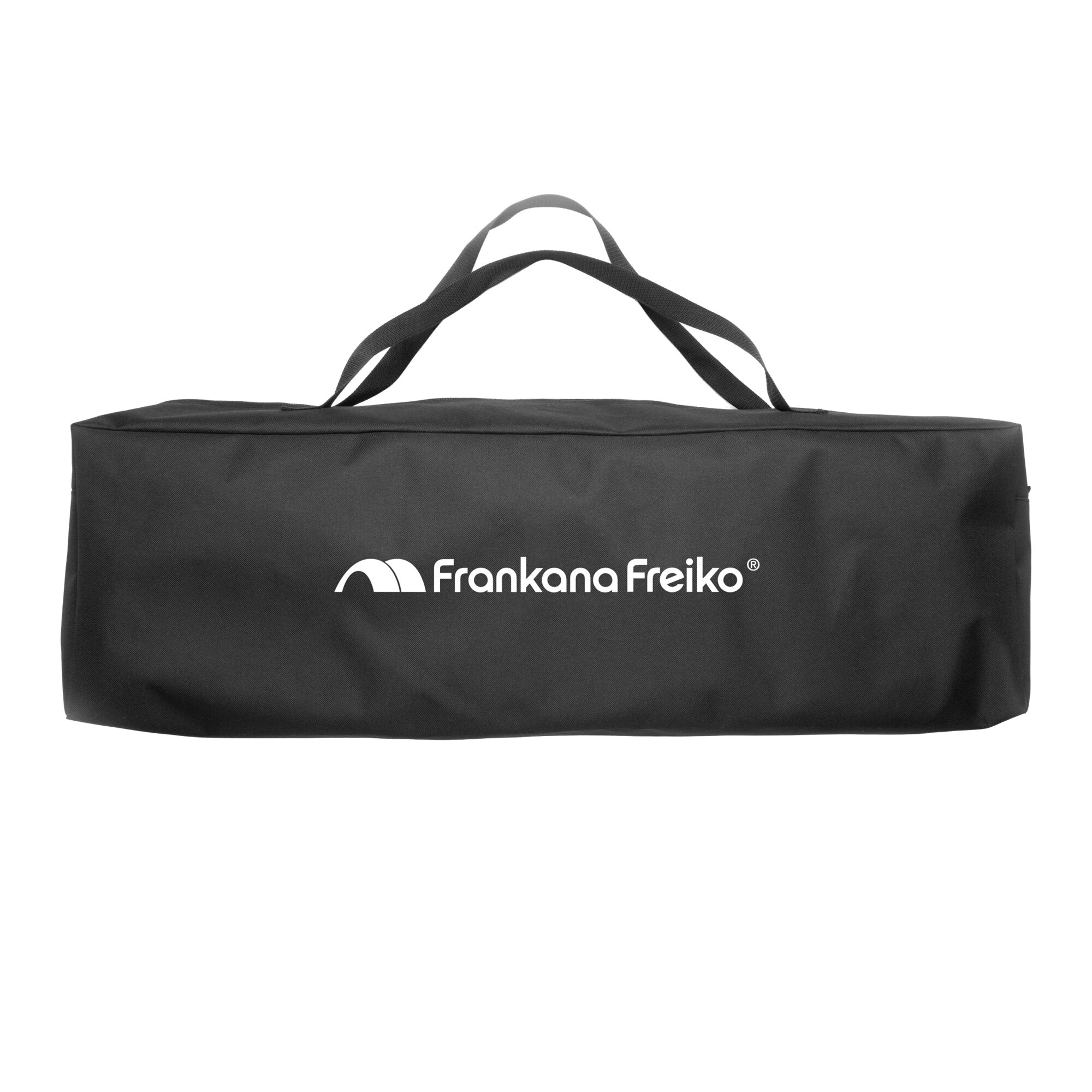 Schwarze rechteckige Tragetasche mit zwei Traggriffen, vorne weißer Frankana Freiko Logo-Schriftzug